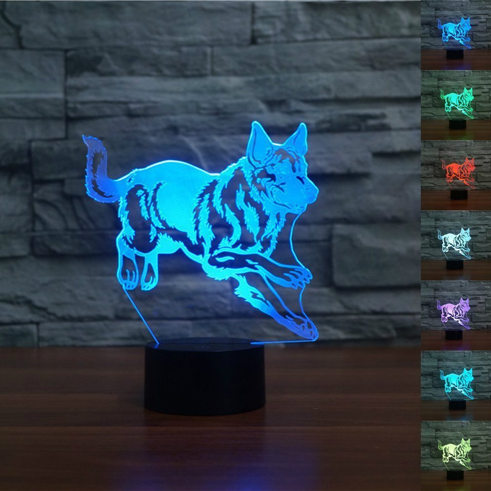 3D Wolf Dog Night Light LED Table Lamp - 7 Color Changing Touch Control, Optical Illusion Desk Decor for Kids Room, Christmas Gift, Birthday Present, Home Decoration | Perfect for Bedroom, Nursery, Party & Holiday Decor