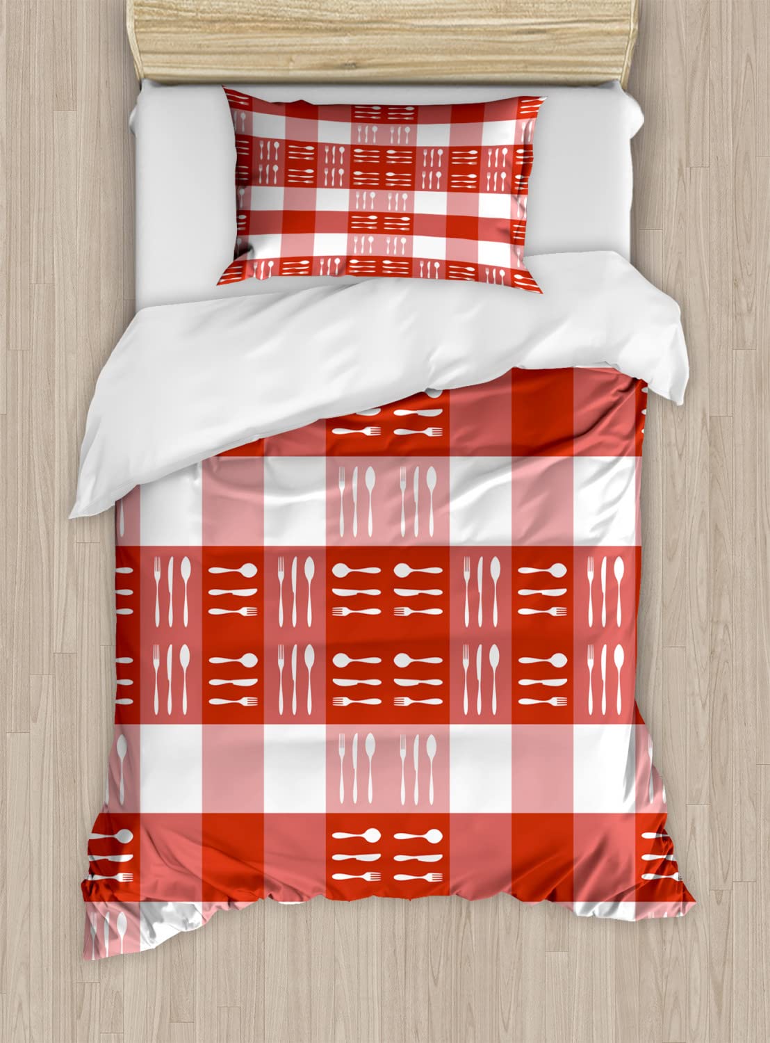Ambesonne Checkered Duvet Cover Set - 2 Pack Twin Size with 2 Duvet Covers & 2 Pillowcases - Cutlery Silhouette Design in Coral, Dark Coral and White - Perfect for Dining Room, Picnic Themed Bedroom or Unique Home Decor Gift