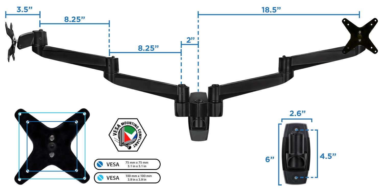 Mount-It! Premium Dual Monitor Wall Mount Arms - Adjustable Tilt & Swivel VESA Mount for 13-27 Inch Screens (75x75/100x100mm) - Heavy Duty Black Monitor Stand for Home Office & Gaming Setup