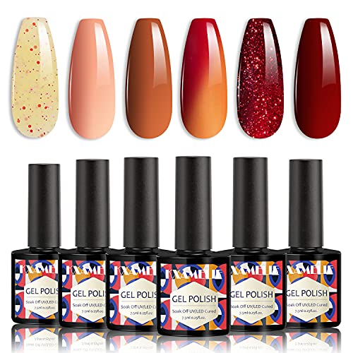 KXAMELIE 6 Colors UV Gel Nail Polish Kit - Pastel Soak Off Nude Glitter Clear Red Jelly Gel Polish Set for Acrylic Nails | DIY Home Salon Manicure & Professional Nail Art | Perfect for Parties, Weddings, and Everyday Wear