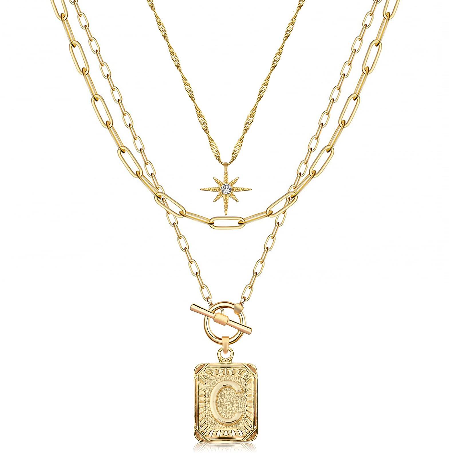 MJartoria 14K Gold Plated Initial Necklace for Women - Trendy Layered Star Choker with Square Letter Pendant & Paperclip Chain | Elegant Gold Necklace Jewelry Gift for Her | Perfect for Date Night, Anniversary or Birthday Present