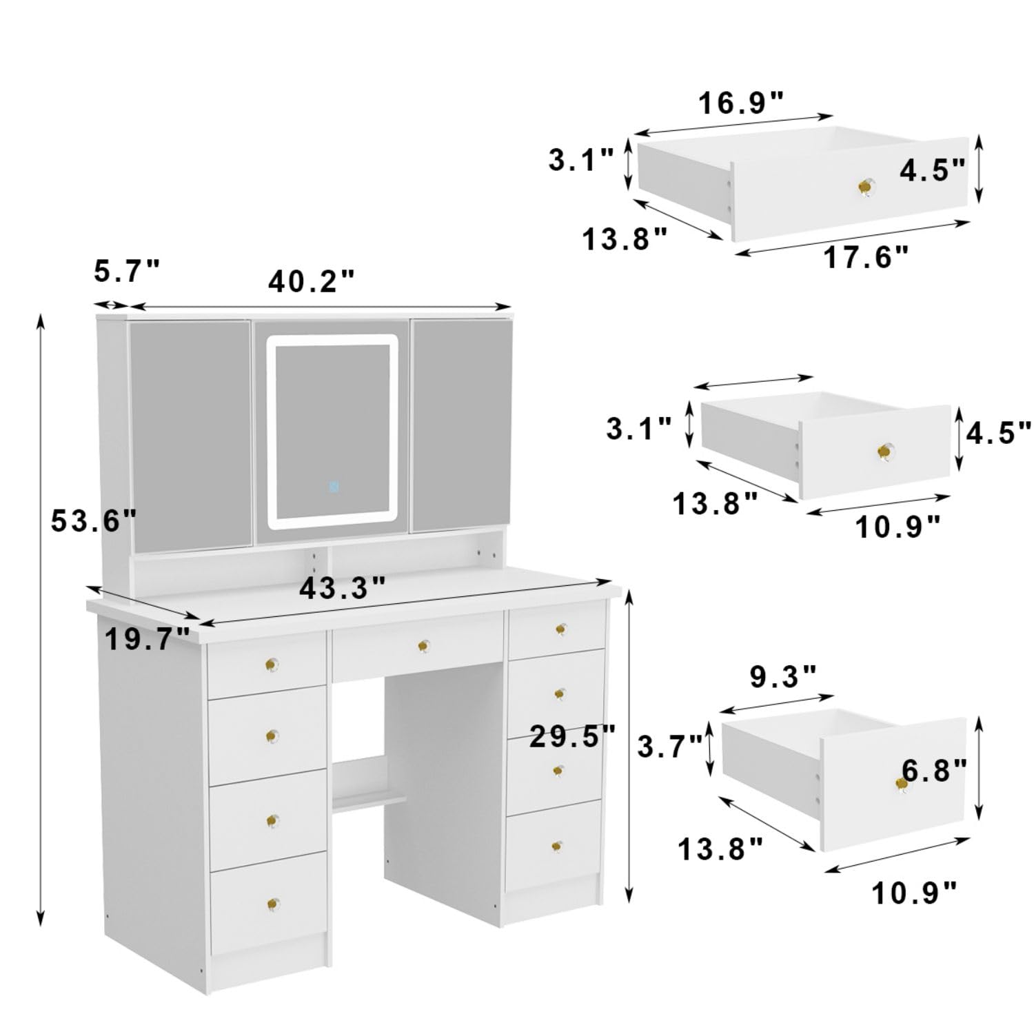 MOUMON White Makeup Vanity Desk with LED Lights & Crystal Handles - 43.3
