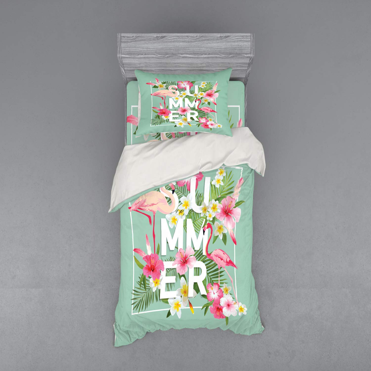 Ambesonne Floral Bedding Set - Tropical Flower & Flamingo Print Duvet Cover 3 Piece Set with Sham & Fitted Sheet, Twin XL Size, Mint Green & Pink | Retro Wedding Decor, Romantic Bedroom Decor, Tropical Themed Bedroom