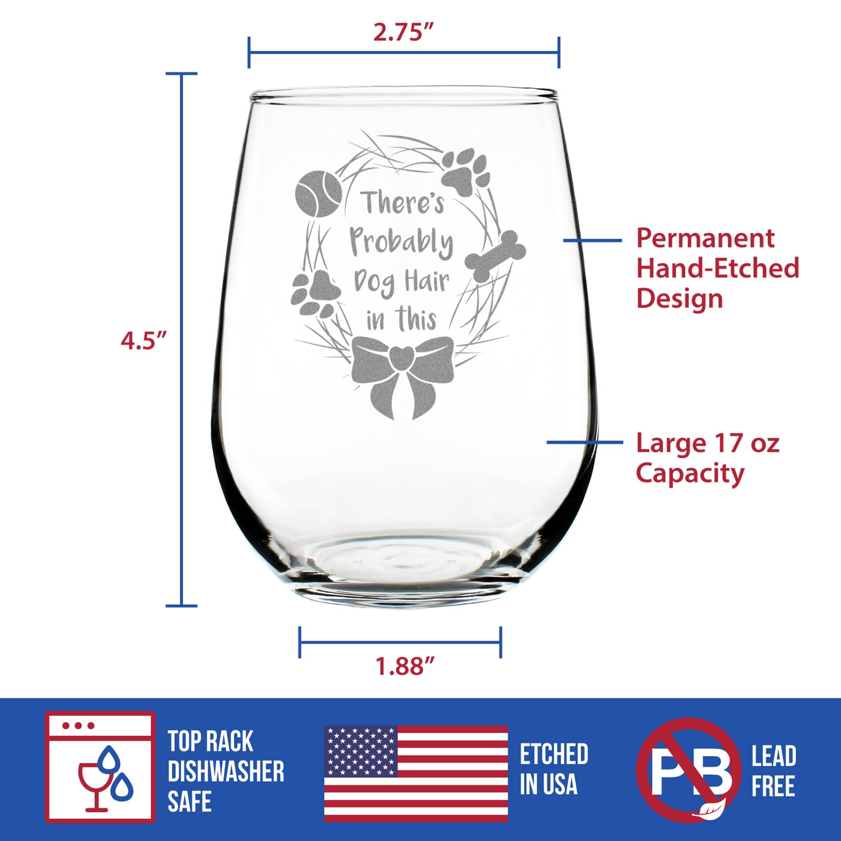 Funny Stemless Wine Glass with Dog Hair Design - 17oz Large Capacity - Perfect Gift for Dog Lovers - Great for Parties, Home Decor & Wine Tasting