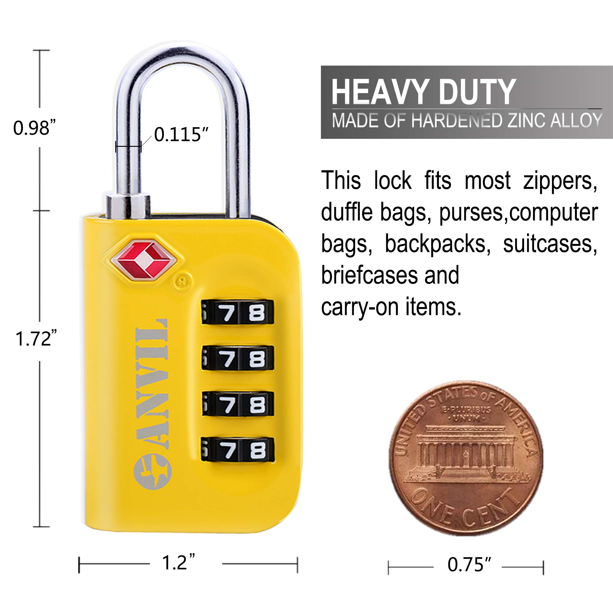 ANVIL TSA Approved Luggage Lock - 4 Digit Combination Lock with 10,000 Security Codes, Easy-Read Dial Window for Suitcases, Backpacks, Travel Bags & Gym Lockers | Secure Your Belongings During Air Travel, School or Work Commutes