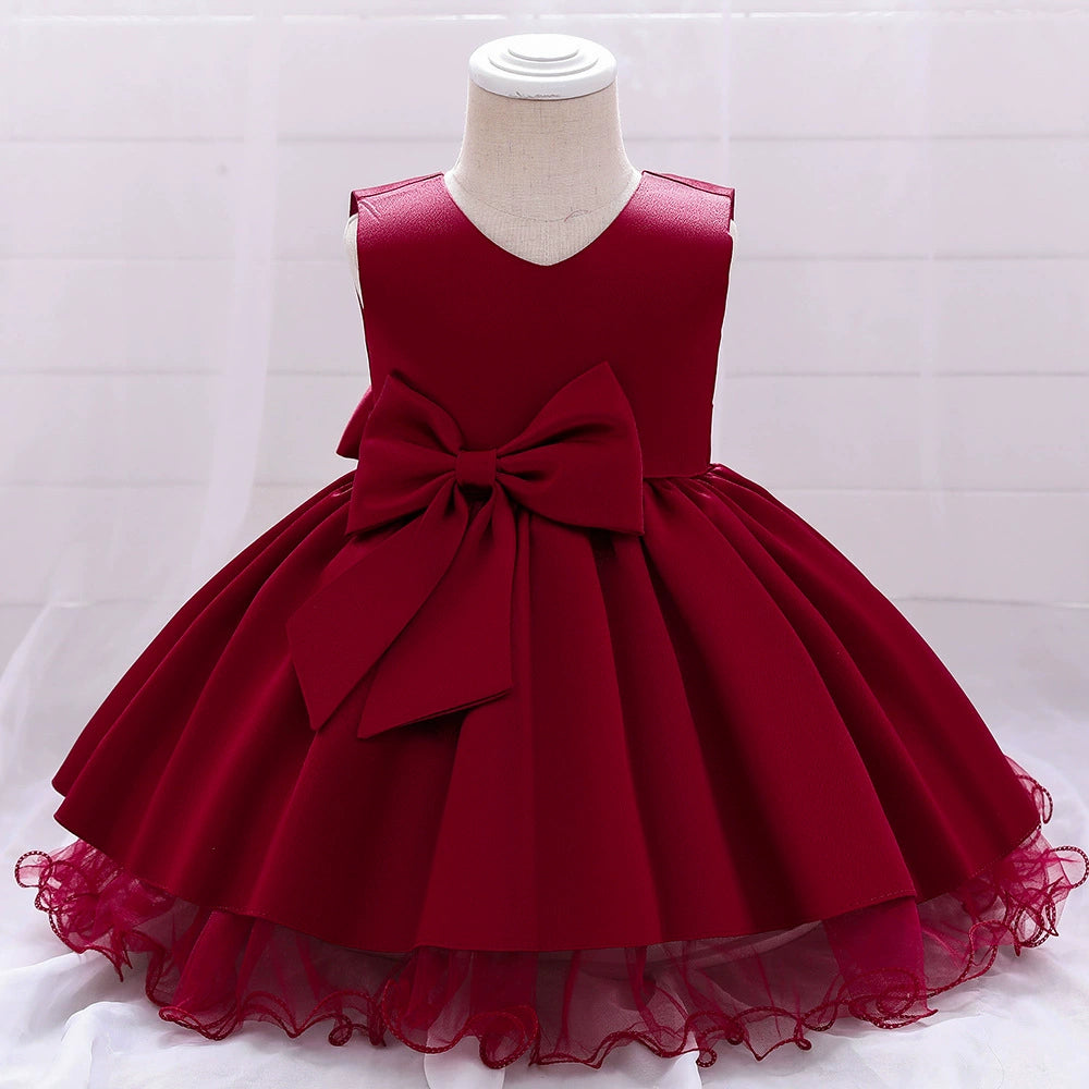 Burgundy Princess Round Neck Tea Length Satin Flower Girl Dress for Weddings & Special Occasions