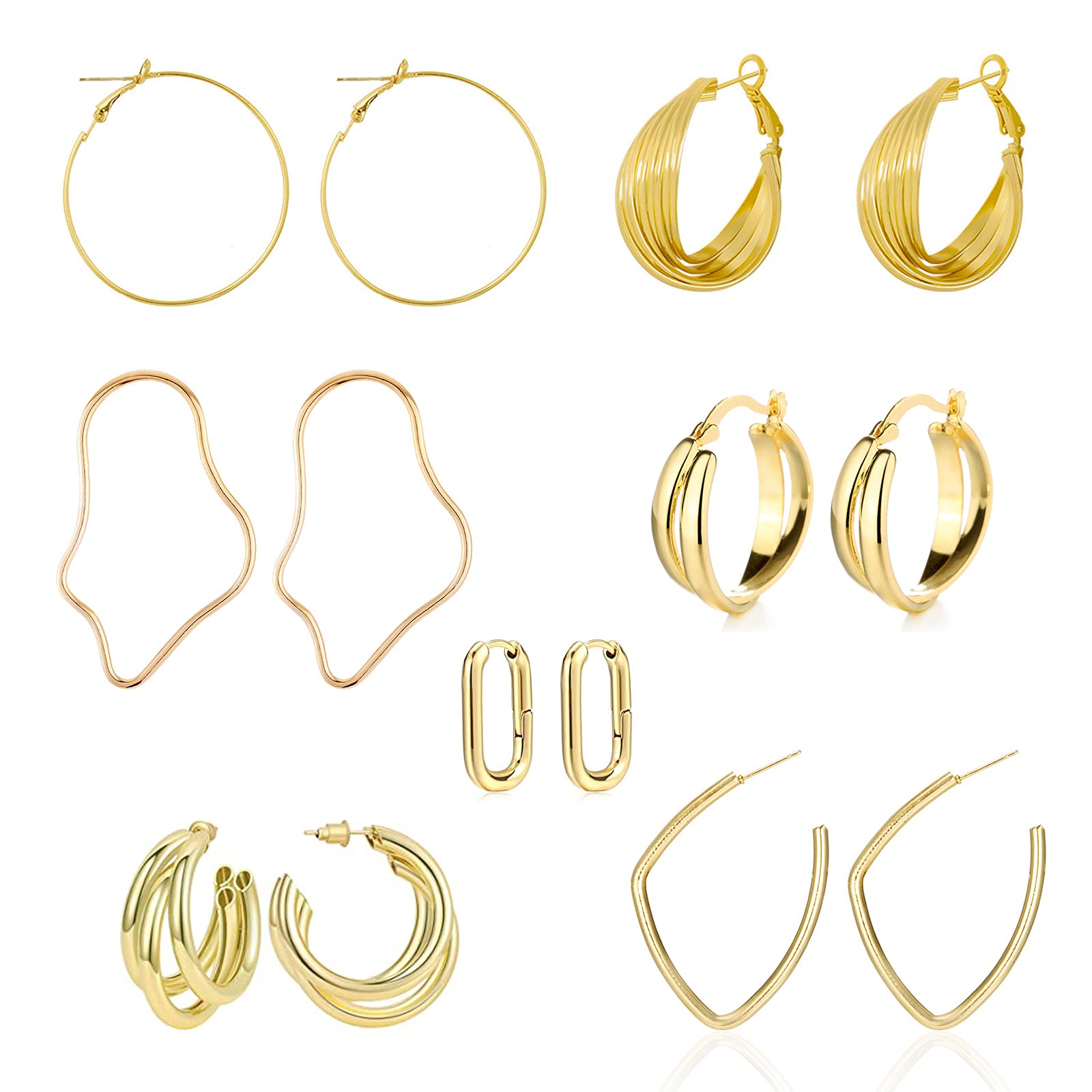 7 Pairs Gold Chunky Hoop Earrings for Women - Irregular Round & Rectangle Huggie Hoop Earring Set | Everyday Wear, Party & Gift Giving