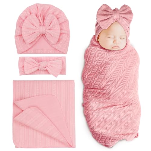 1 Set: Wheat Patterned Hat + Hairband + Blanket (Peach Pink)