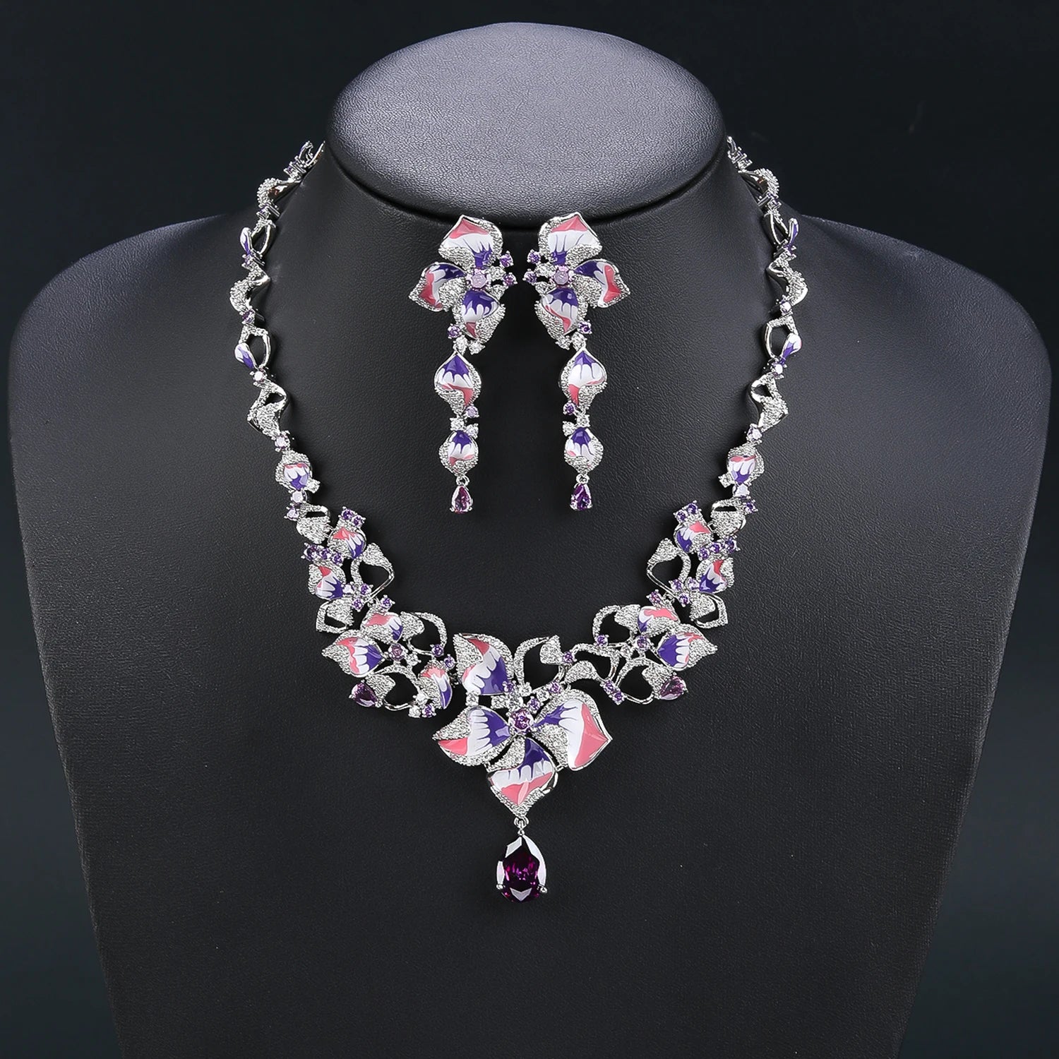 Shiny Cubic Zirconia Leaf Necklace and Earrings Set - Elegant 2 Piece Jewelry for Women, Party & Evening Wear, Gift for Her - CN11412