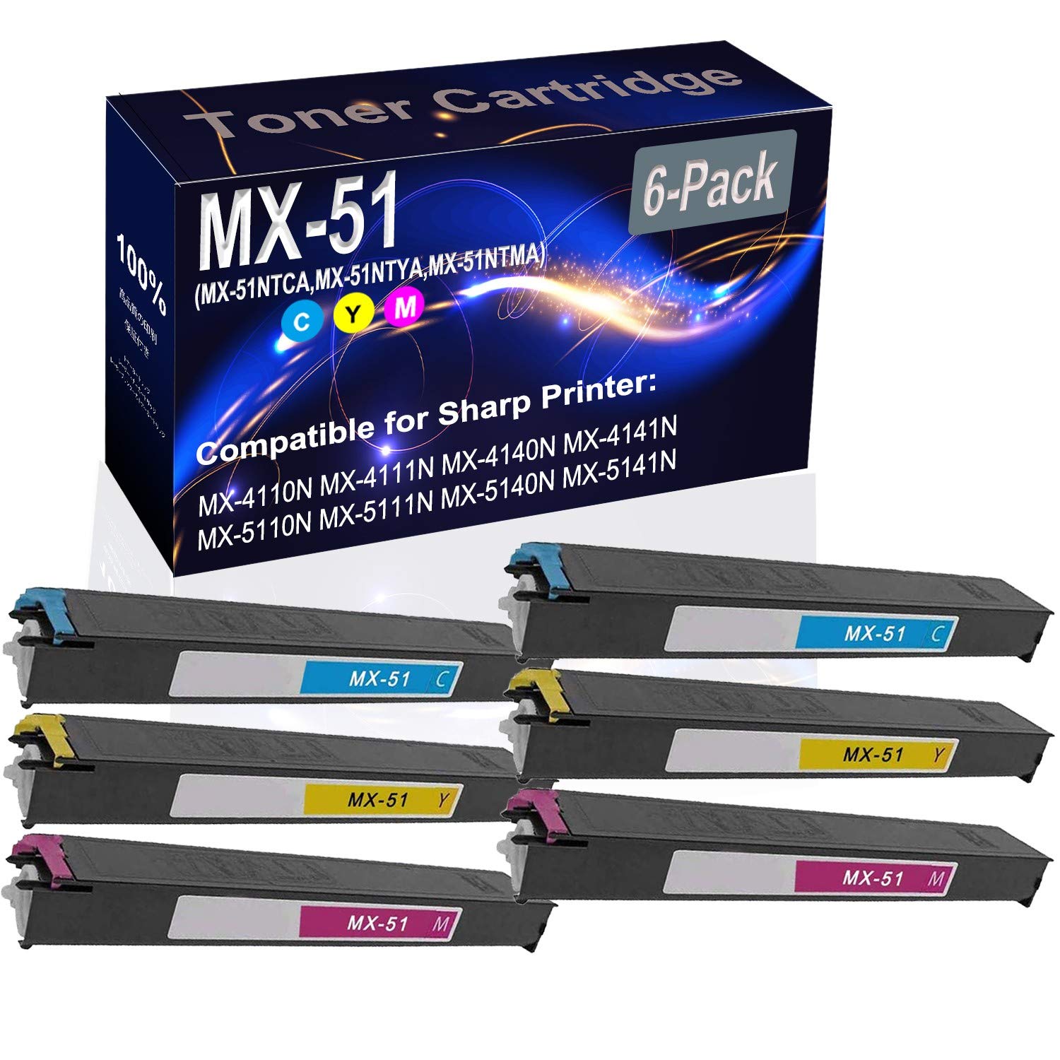 6-Pack High Capacity Compatible Toner Cartridge for Sharp MX-4110N MX-4111N MX-4140N & MX-51 Series (2C+2Y+2M) - Replacement for MX-51NTCA MX-51NTYA MX-51NTMA - Perfect for Office Printing & Bulk Document Production