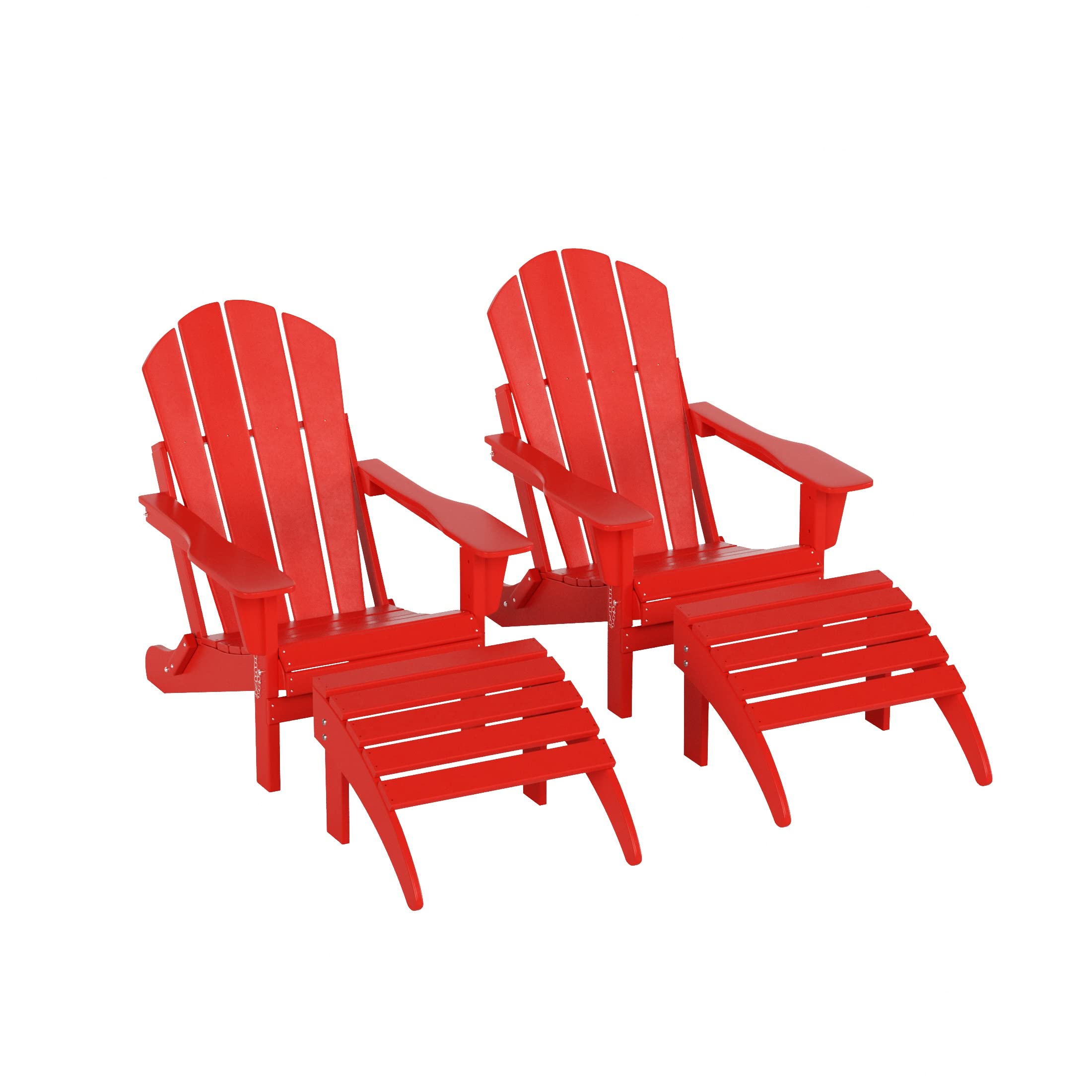 WestinTrends Malibu 4-Piece Outdoor Lounge Chair Set - 2 Adirondack Chairs with Ottoman, All-Weather Poly Lumber Folding Patio Furniture for Poolside, Beach, Garden & Backyard Relaxation (Red)