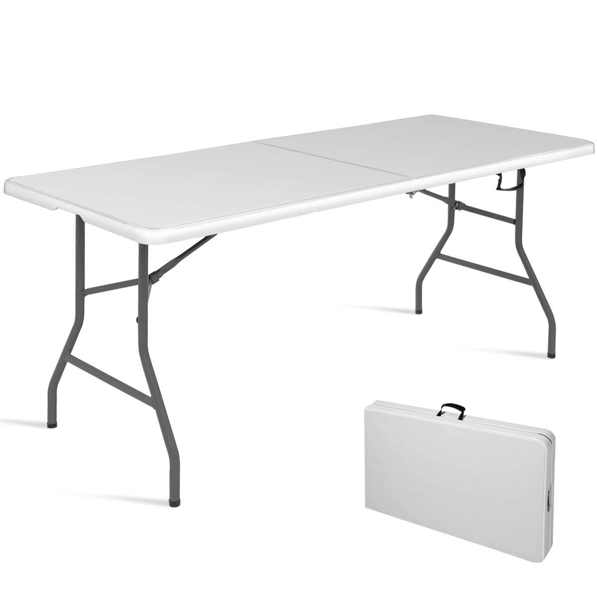 6' Folding Table with Handle | Portable Plastic Picnic Table with Rounded Corners | Indoor Outdoor Dining, Camping, Parties, BBQs | White