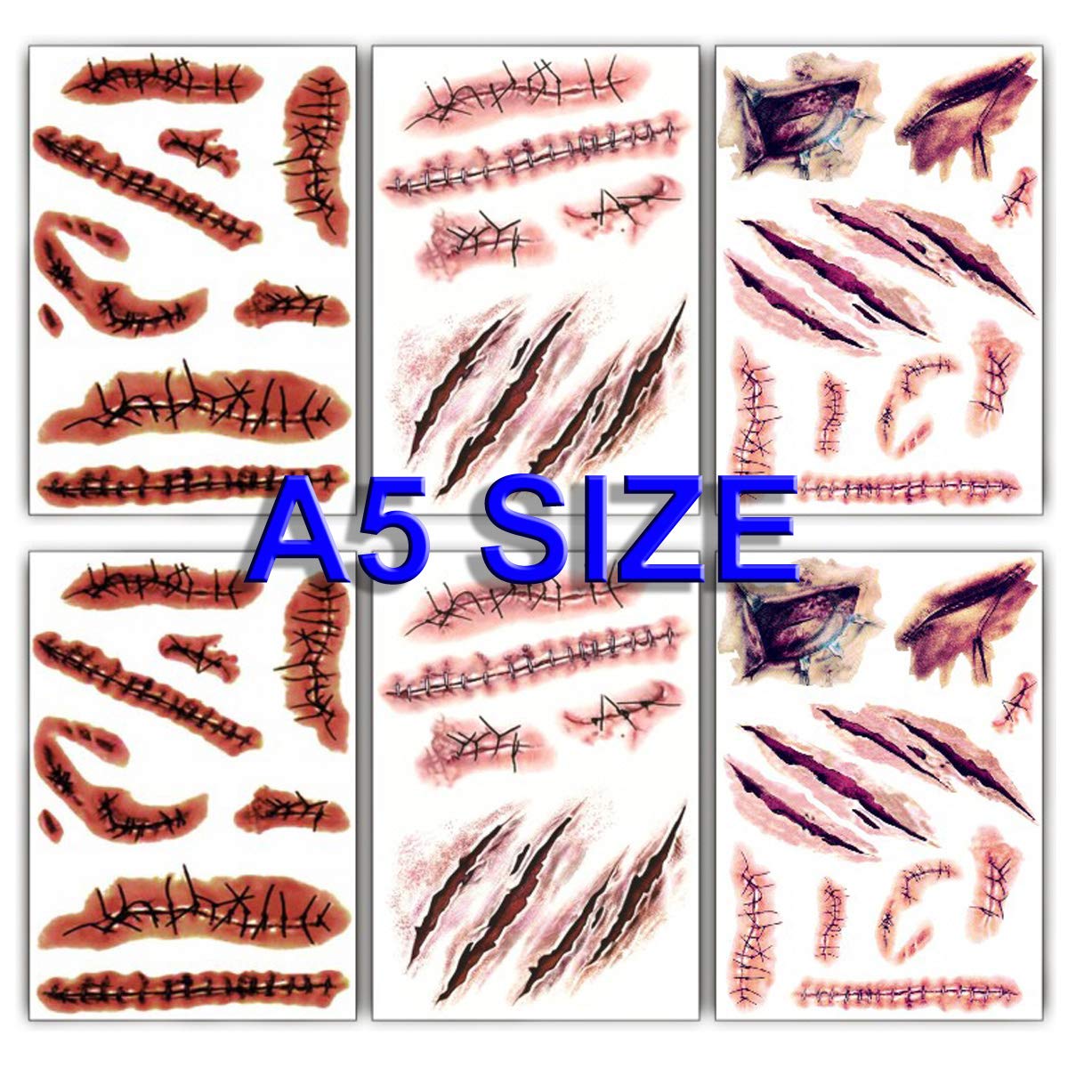 Large Halloween Temporary Tattoos - Fake Wound, Bloody Stitch Scars & Scabs - Waterproof Body Art Stickers for Adults & Kids - Costume Party, Cosplay & Makeup (6 Sheets) - Perfect for Halloween, Horror Parties & Theatrical Performances
