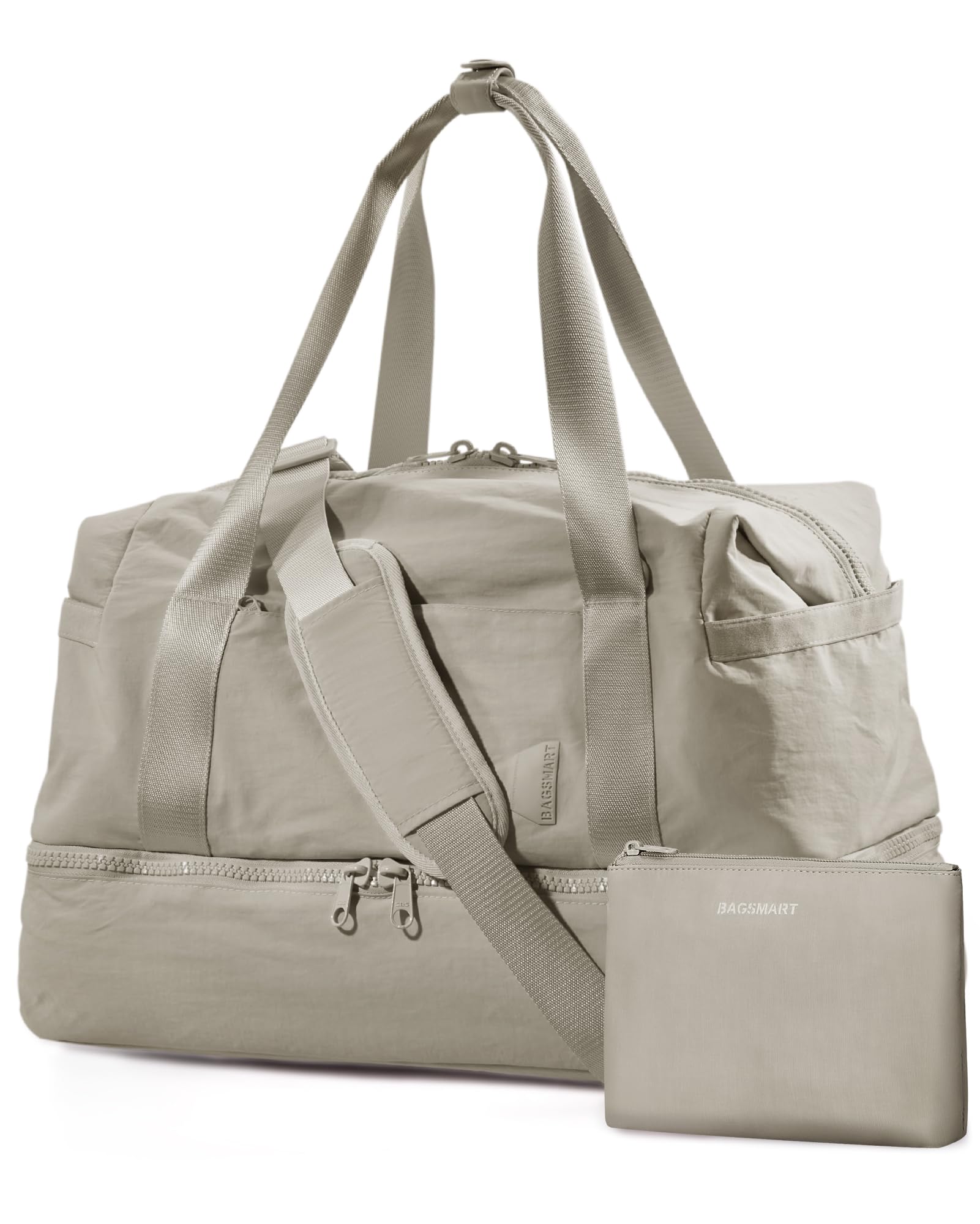BAGSMART Women's Weekender Travel Duffel Bag with Shoe Compartment & Toiletry Bag - Airline Approved Carry On Overnight Tote for Gym, Work, Weekend Getaways (Beige, 2 Pack)