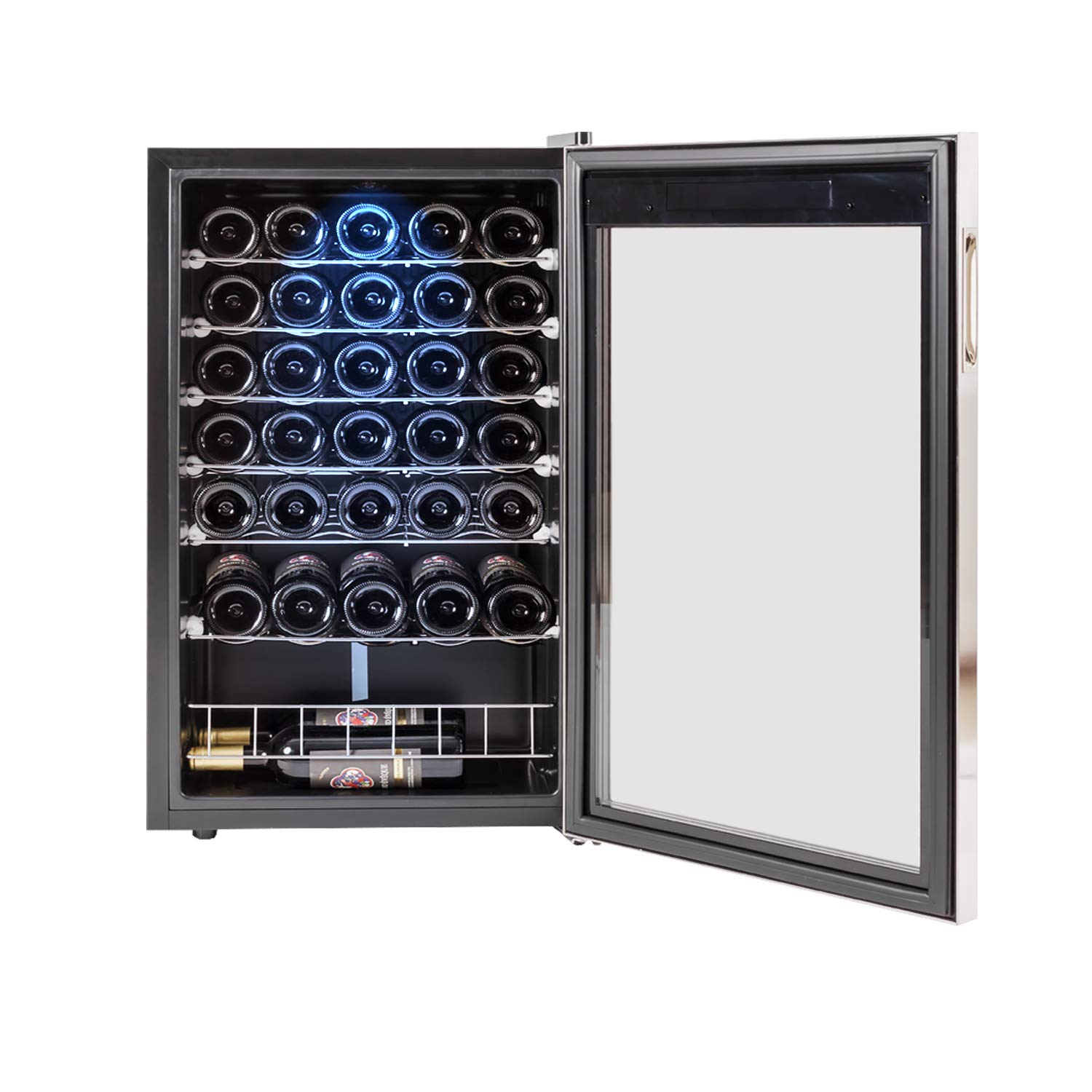 33 Bottle Wine Cooler - 48cm Under Counter Wine Fridge with Glass Door, Touch Screen & LED Light, 95L Capacity - Stainless Steel Frame, Black - Perfect for Kitchen, Bar, Restaurant & Home Cellar Storage