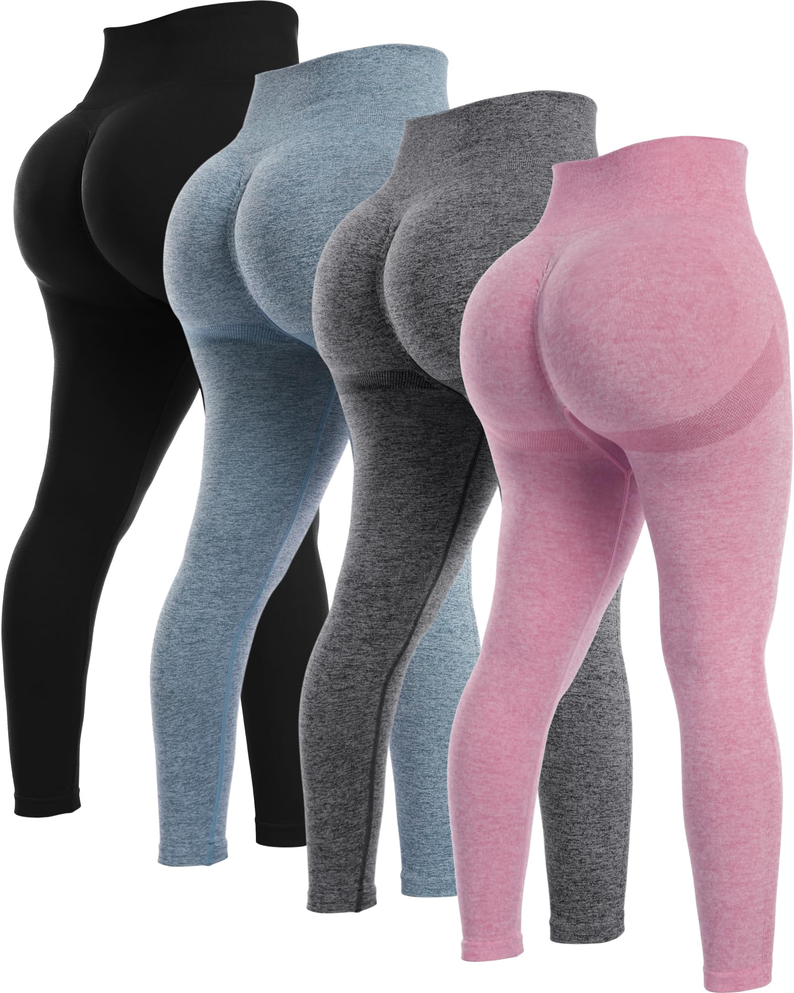 NORMOV Women's High Waisted Seamless Butt Lifting Leggings 4-Piece Workout Set - Tummy Control Gym Yoga Pants for Squat Proof & Booty Enhancement | Perfect for Fitness, Running & Everyday Wear