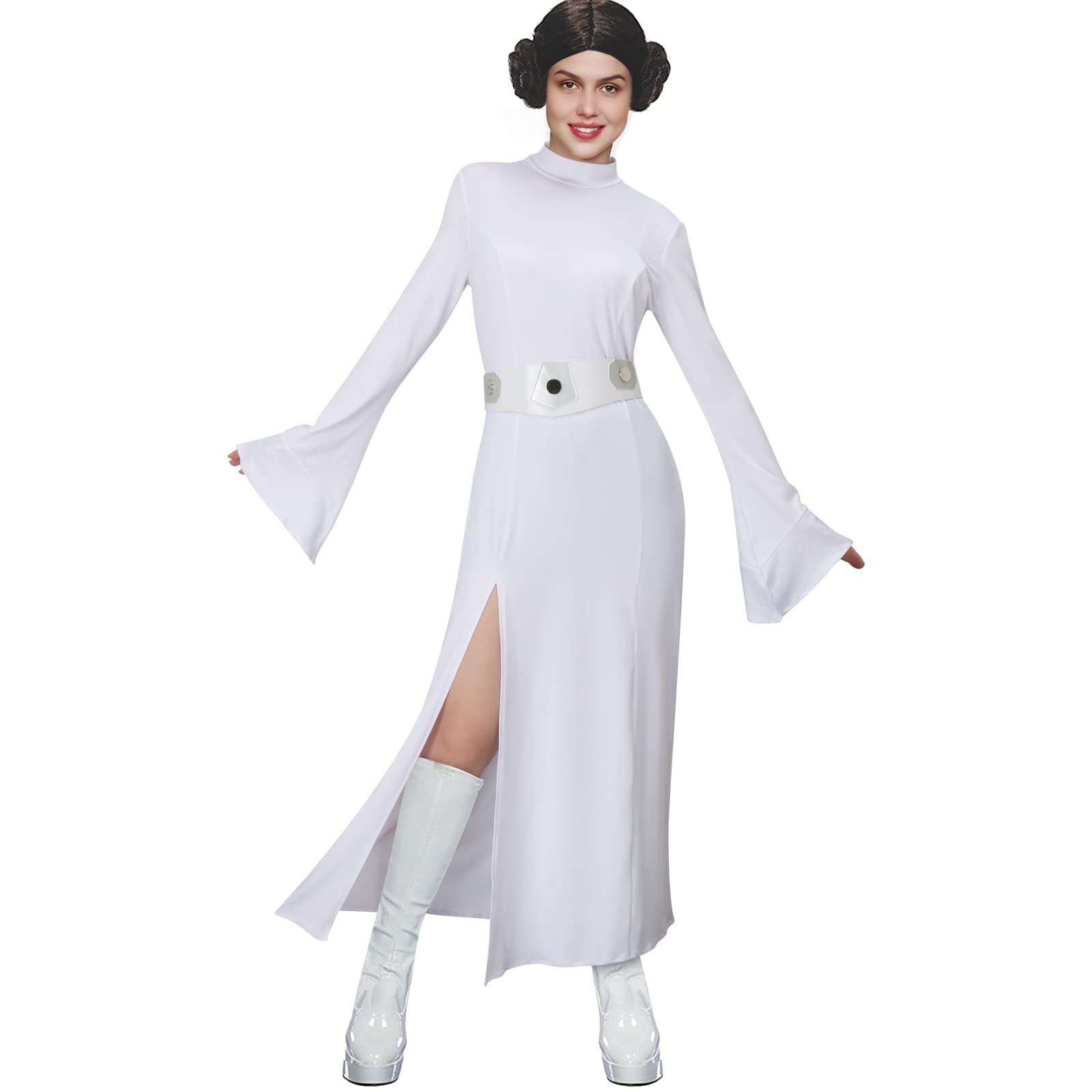 NIHONCOS Women's Medieval White Long Dress Robe Halloween Costume with Belt - Renaissance Faire, Cosplay, LARP, Halloween Party Outfit