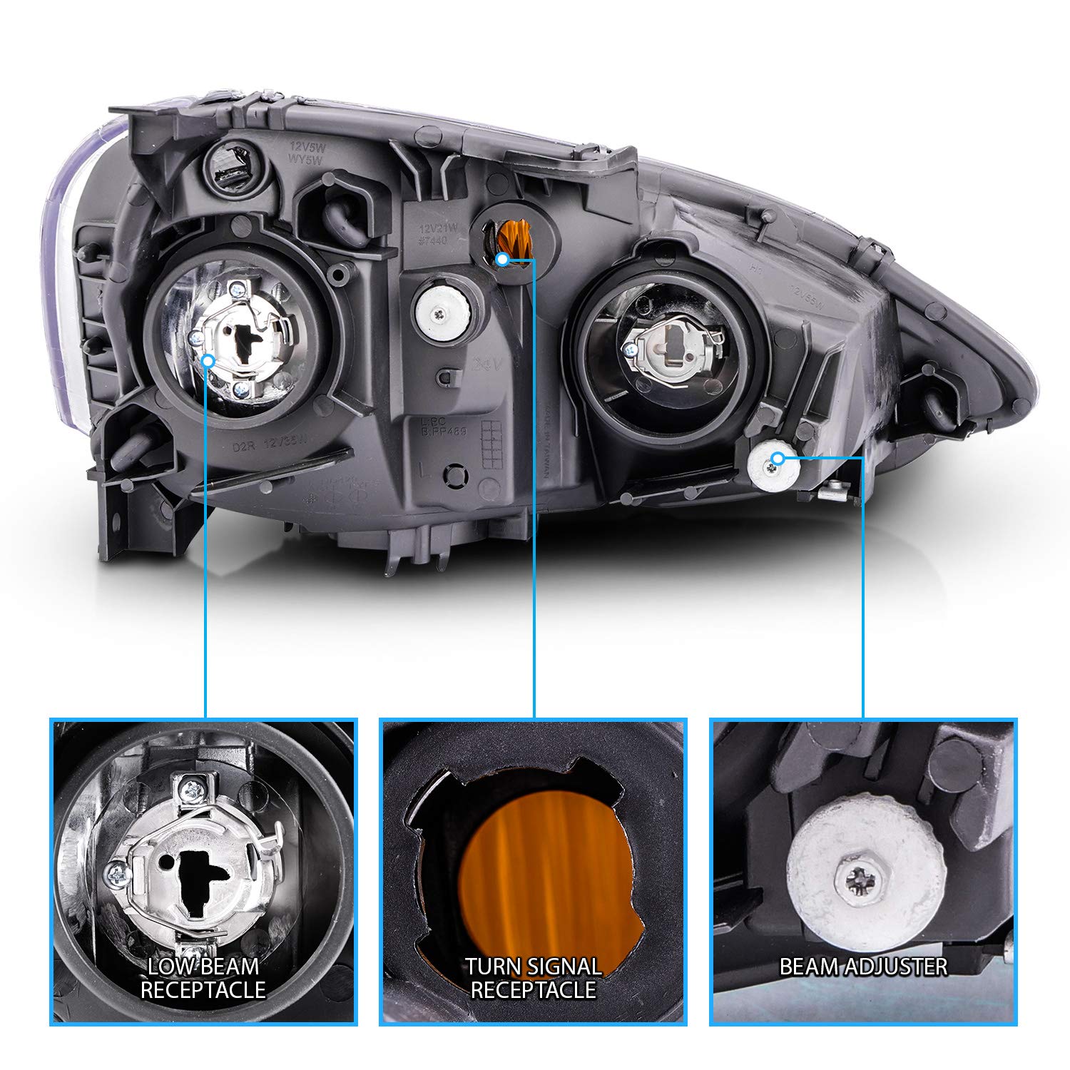 2002-2004 Acura RSX Honda Integra DC5 Black Replacement Headlights with Turn Signal Light Assembly Set - Left & Right Pair - Perfect for Night Driving & Car Restoration Projects