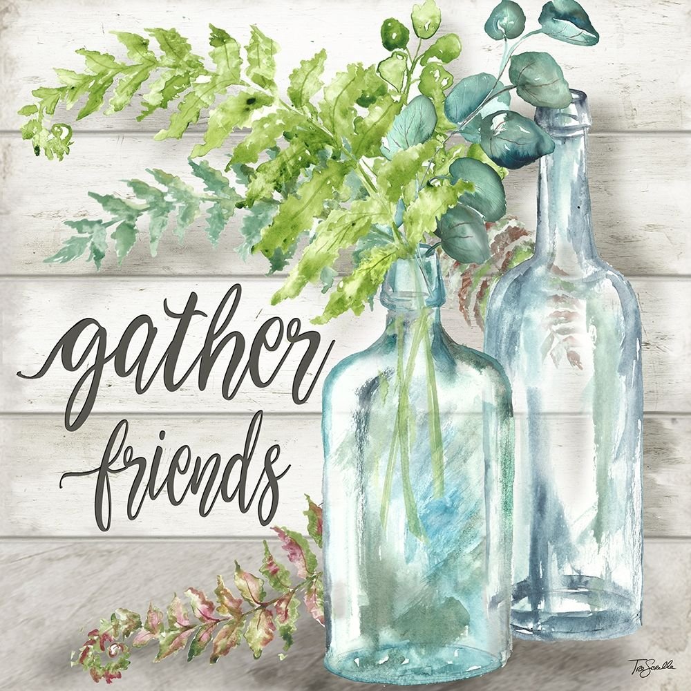 Vintage Bottles and Ferns Square II Art Print by TRE Sorelle Studios - 12x12 Inch Wall Decor Poster for Home, Office, Kitchen & Bathroom - Retro Botanical Illustration for Vintage Lovers