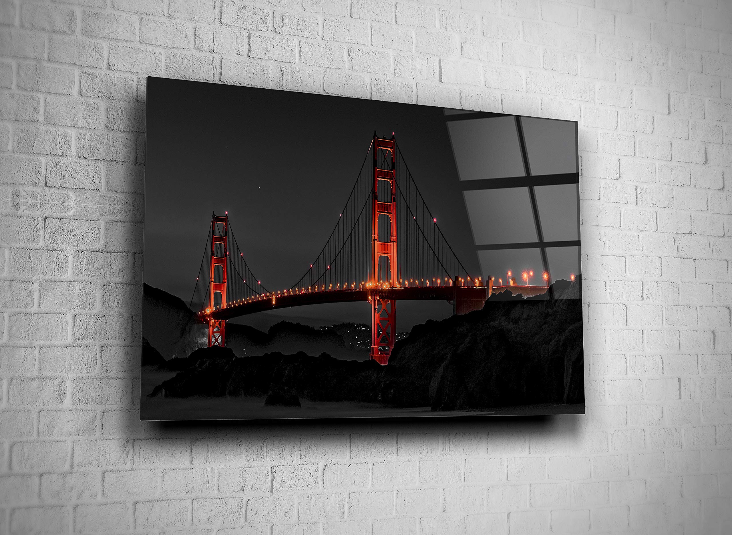 Golden Gate Bridge Night View Tempered Glass Wall Art - Modern Urban Decor for Home, Office & Hotel - Perfect Gift Idea (16x24) - Ideal for Living Room, Bedroom & Workspace Decorations