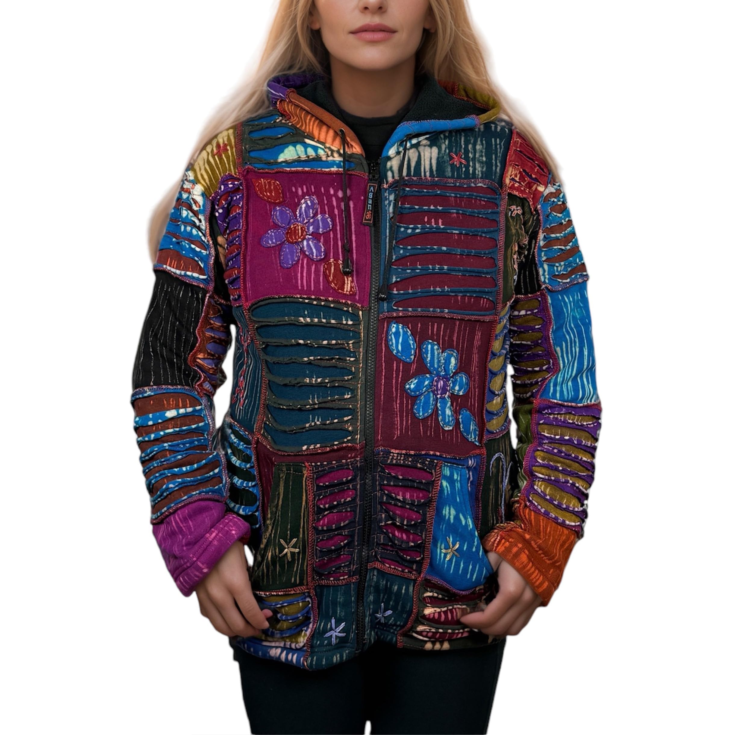 Agan Traders Women's Bohemian Patchwork Embroidered Fleece Jacket - Insulated Zip Up Hoodie for Spring & Fall (Small, Medium, Regular, Magenta) | Cozy Outerwear for Casual Wear, Music Festivals & Boho Fashion