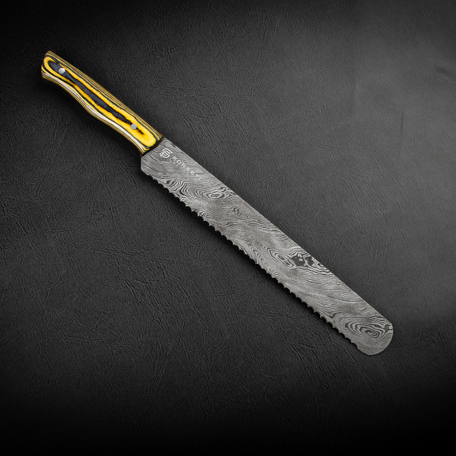 Premium Damascus Steel Serrated Bread Knife with Yellow/Black Handle - Sharp & Durable for Slicing Bread, Pastries, and More - Perfect for Home Kitchens, Bakeries, and Gourmet Cooking