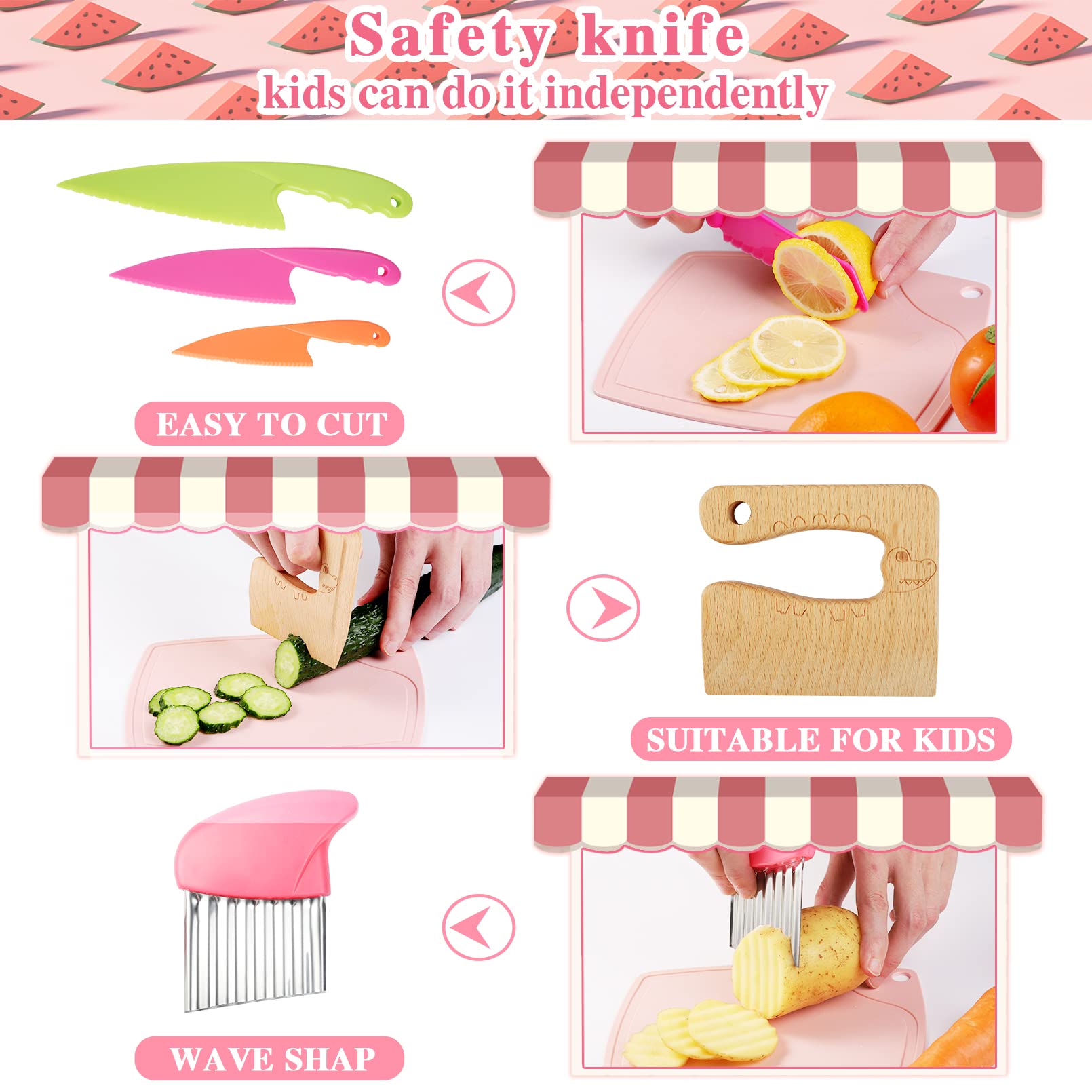 9PCS Kids Plastic Knife Set - BPA-Free Toddler Safe Knives for Real Cooking, Includes 6 Plastic Knives & Wooden Safe Knives with Potato & Onion Slicers - Perfect for Fruit Salad, Bread & Veggie Prep (Crocodile Style) - Ideal for Montessori Learning & Kids Kitchen Activities