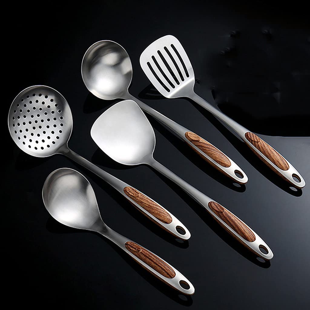 MJWDP 5-Piece Stainless Steel Kitchen Utensil Set with Wooden Handles - Spatula, Soup Spoon & Cooking Accessories for Home Chefs | Perfect for Sauteing, Stirring & Serving Dishes