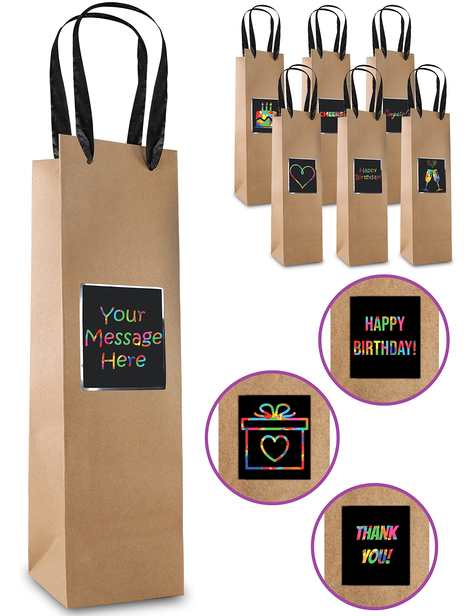 Premium 7-Pack Kraft Wine Gift Bags with Handles & Scratch Paper Panel - Elegant Wine Bottle Bags for Champagne, Whiskey, Tumblers - Perfect for Weddings, Parties & Corporate Gifts (Ideal for Holiday Presents, Anniversary Celebrations & Special Occasions)