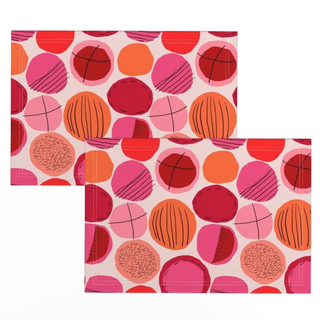 Spoonflower Linen Cotton Canvas Placemats Set of 2 - Abstract Geometric Circles Design in Hot Pink & Orange | Washable Table Mats for Dining, Kitchen Decor, and Party Settings