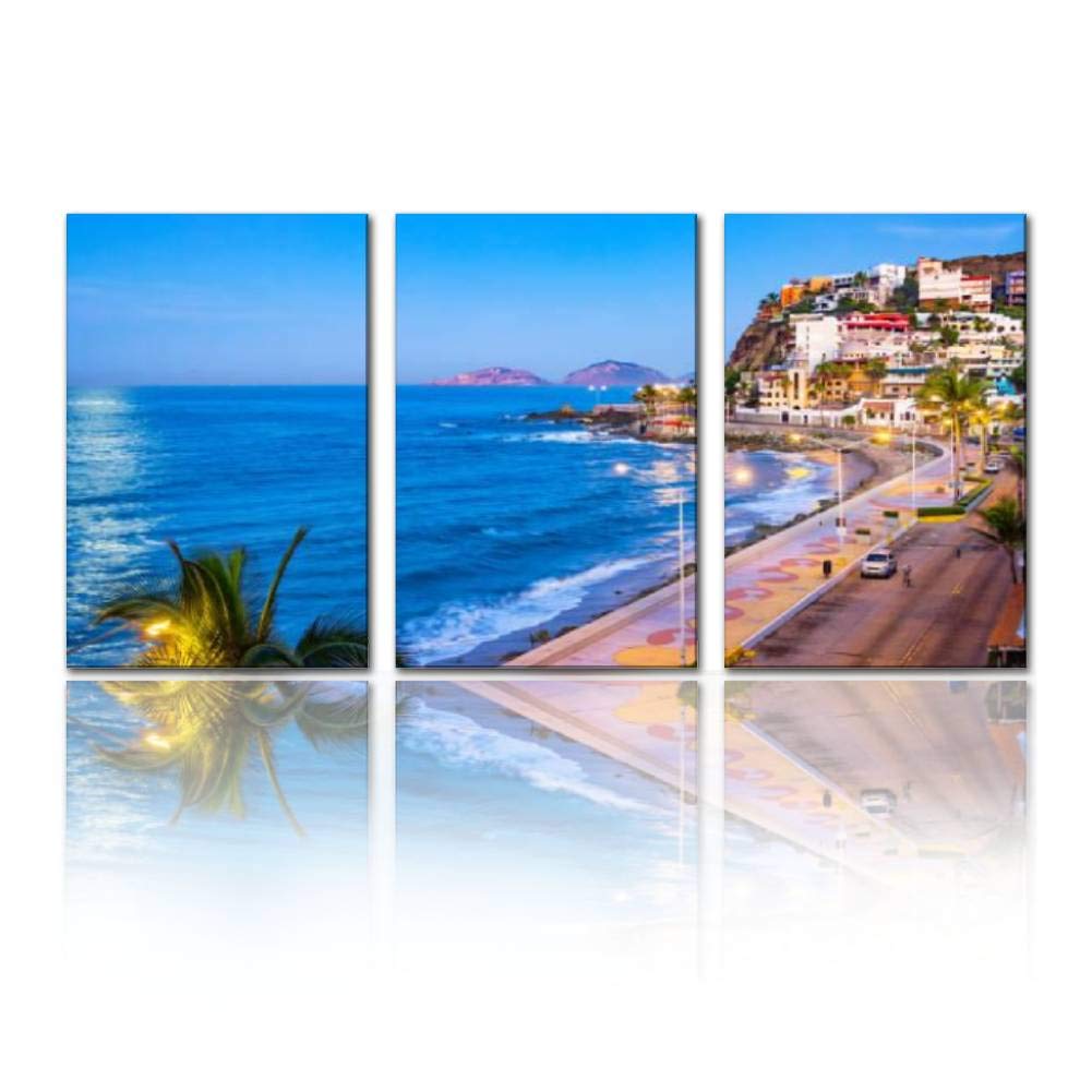 Beach Wall Art - Mazatlan Sinaloa Mexico Waterfront Landscape Canvas Painting - 3 Panel Coastal Decor (15x23 inches) for Living Room, Bedroom, Nursery | Perfect for Beach House, Vacation Home & Coastal Themed Interiors