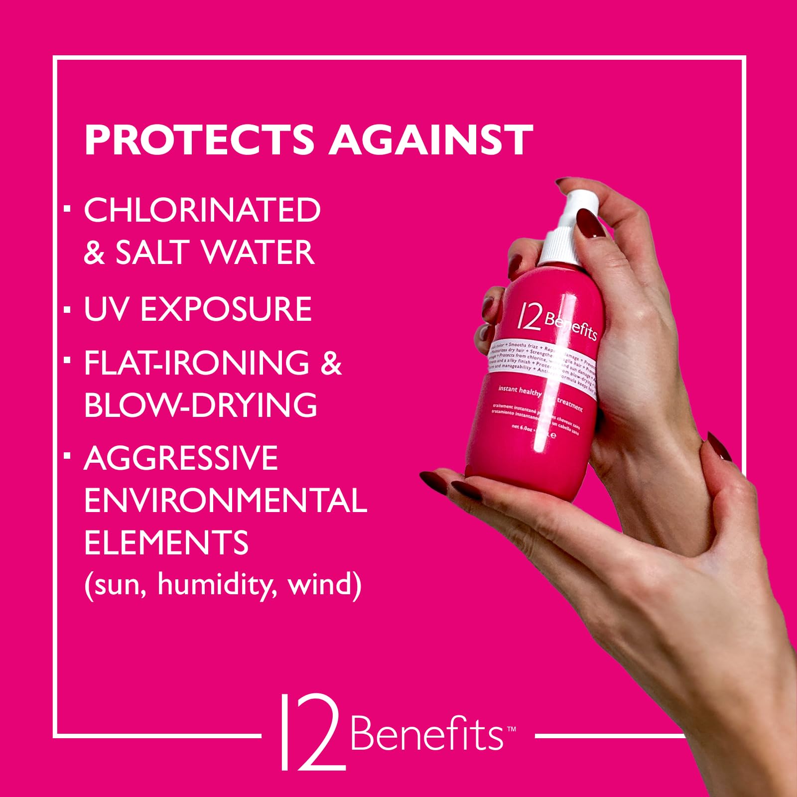 12 Benefits Instant Healthy Hair Treatment Spray - Leave In Conditioner with Quaternium 39 & Silk Protein - Frizz Control, Hair Strengthener & Repair for Damaged Hair (6 Fl Oz) - Perfect for Daily Use, Salon Results at Home, Travel-Friendly Hair Care Solution