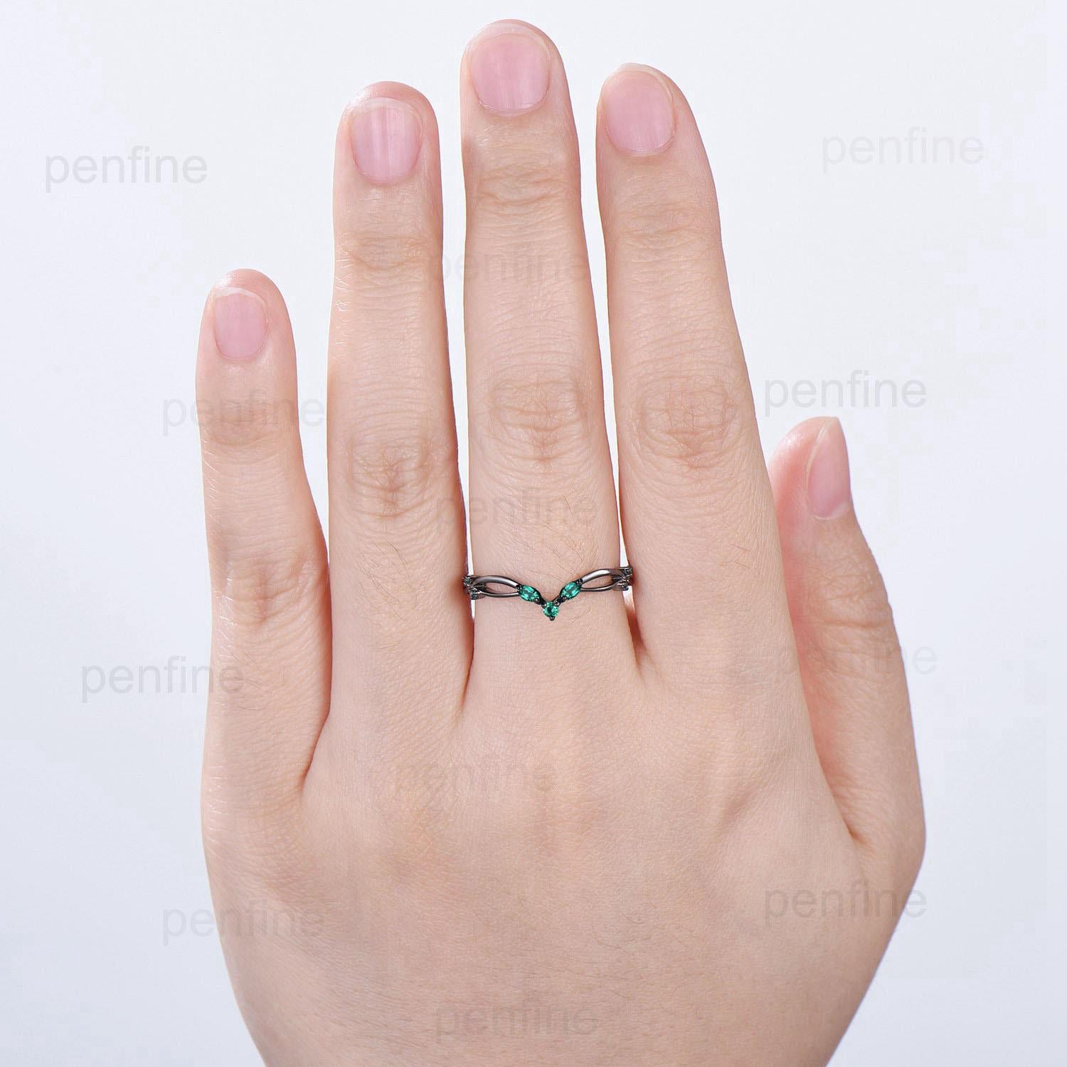 Gothic Black Gold Emerald Wedding Band - Curved Marquise Stackable Evil Eye Ring for Women, Promise Ring for Daughter - Perfect for Anniversaries, Engagements & Special Occasions