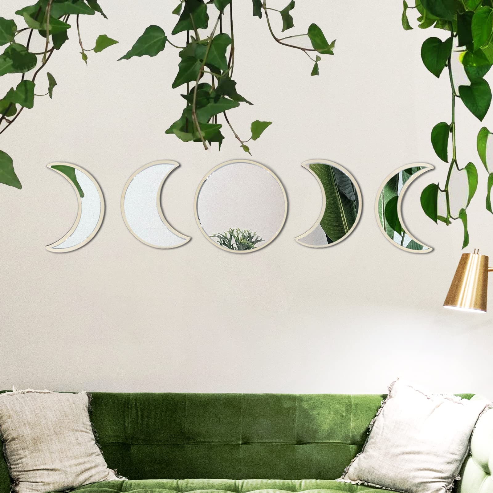 YUBAIHUI 5-Piece Boho Wall Decor Set - Moon Phase Acrylic Mirrors for Bedroom & Living Room - Self-Adhesive Bohemian Home Decor (Beige) - Perfect for Nursery, Dorm, or Meditation Space Wall Art