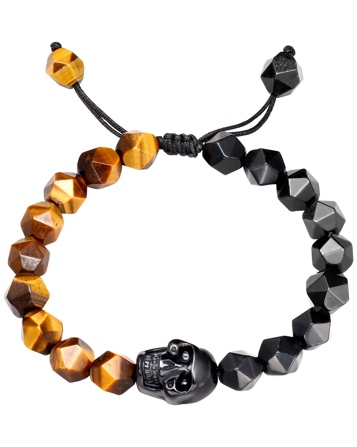 Jewever Tiger Eye & Black Obsidian Skull Bracelet - 10mm Healing Stone Beads for Women & Men - Energy Balancing, Chakra Protection - Perfect for Meditation, Yoga & Spiritual Healing