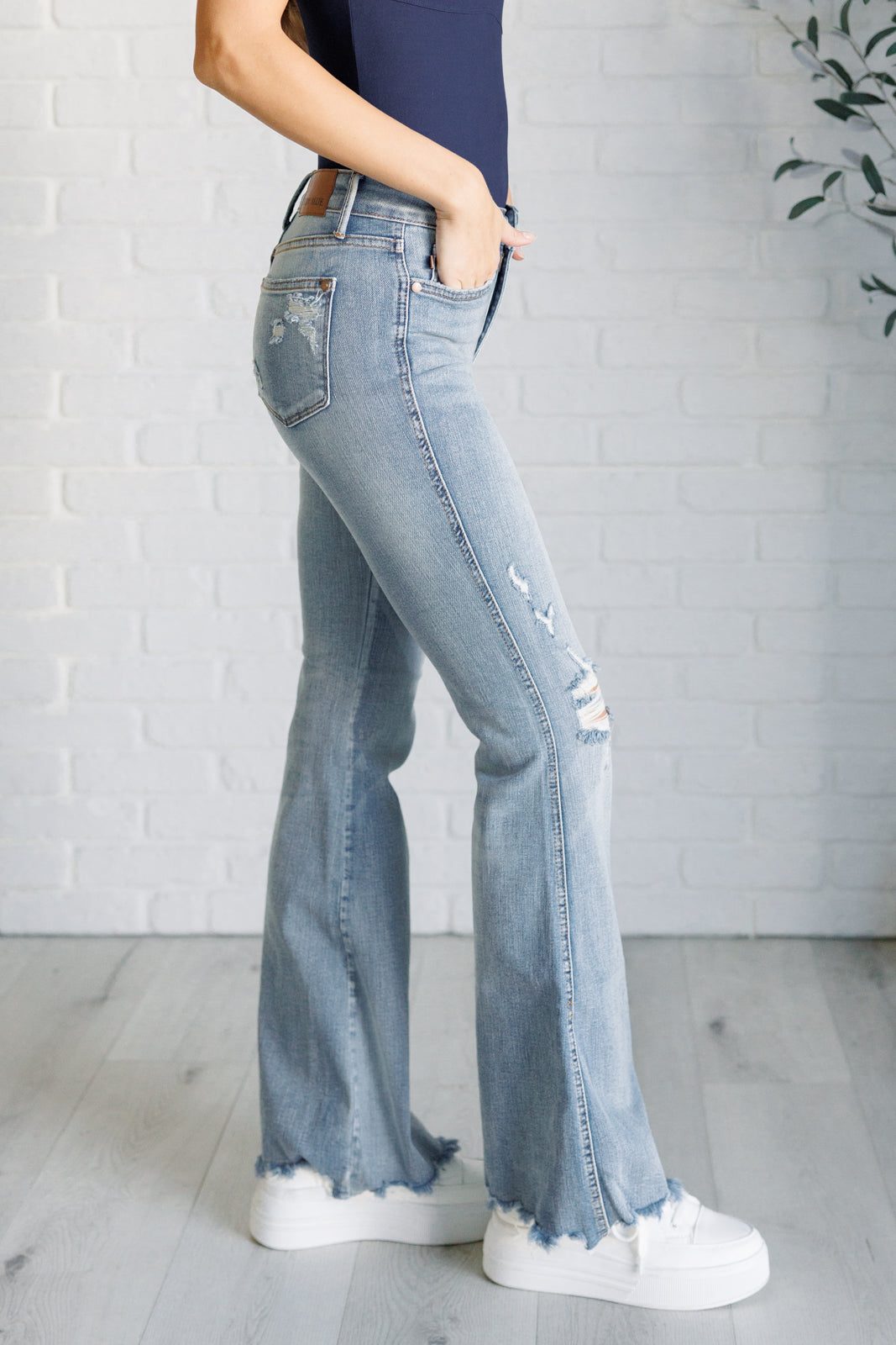 Caroline Mid Rise Control Top Distressed Flare Jeans for Women - Vintage Style Stretch Denim Pants with Tummy Control - Perfect for Casual Wear, Date Night & Office Outfits