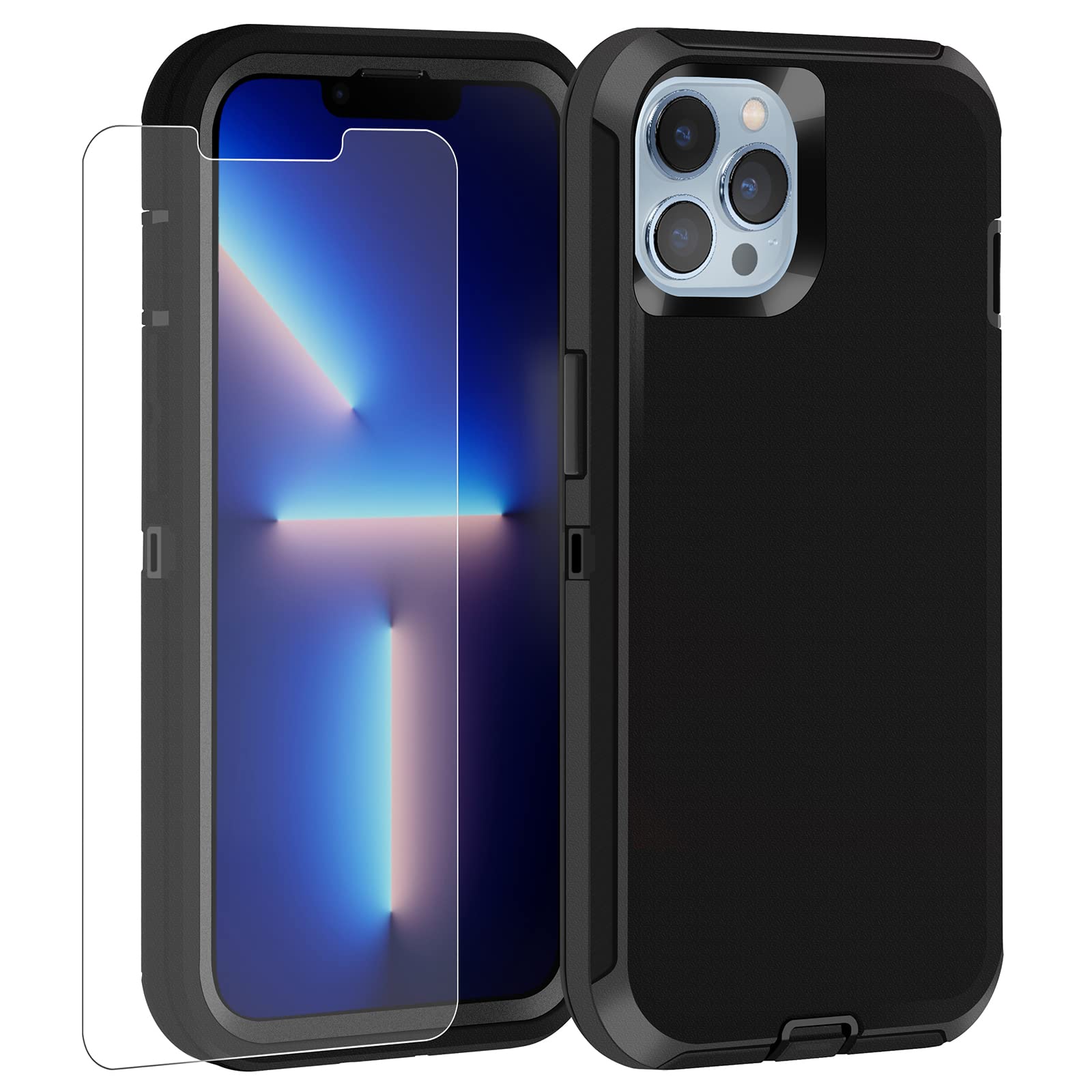 Droperprote iPhone 13 Pro Max Case 6.7 Inch with Tempered Glass Screen Protector - Military Grade Shockproof Full Body Protection, Heavy Duty 3-Layer Design (Black) | Perfect for Outdoor Adventures, Construction Work & Extreme Sports Protection