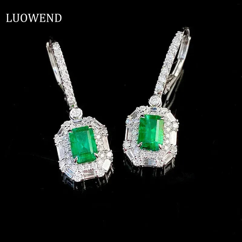 18K White Gold Emerald and Diamond Earrings for Women - Elegant Luxury Party Jewelry with Real Natural Gemstones - Perfect for Weddings, Galas, and Special Occasions