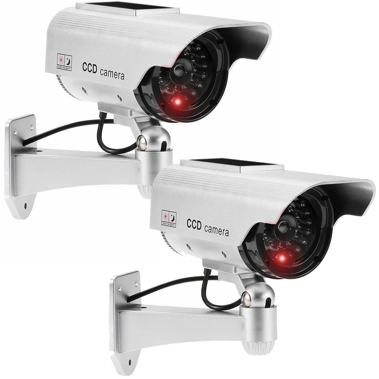 JUSTOP Twin Pack Fake Security Camera Outdoor Indoor Waterproof with Realistic LED Light - Solar or Battery Powered - Silver - Ideal for Home, Office, and Store Surveillance