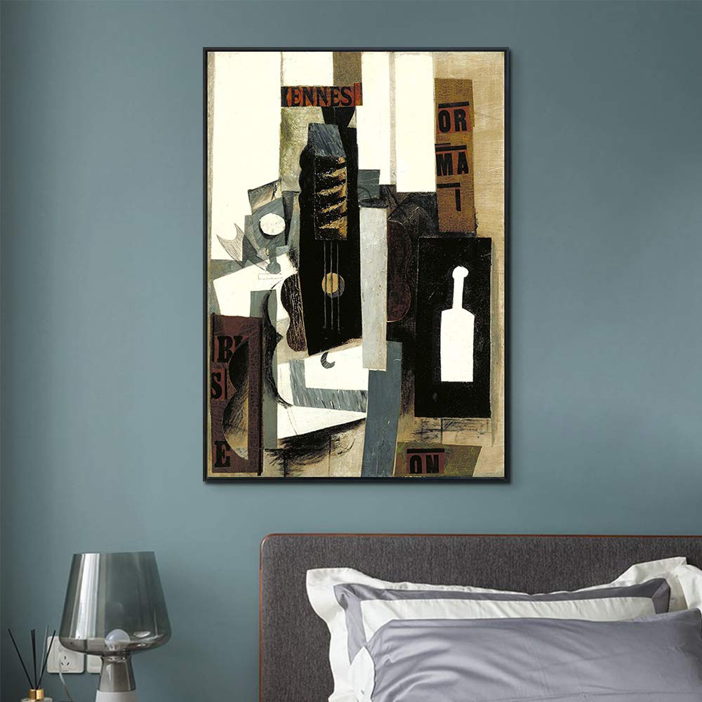 INVIN ART Framed Canvas Giclee Print - Pablo Picasso Guitar and Bottle Wall Art - 24x32 Inch Black Slim Frame - Premium Home & Office Decor for Living Room, Bedroom, Dining Area