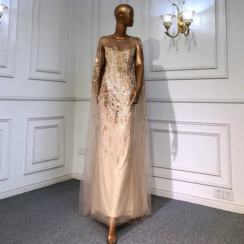 Serene Hill Luxury Gold Cape Sleeves Evening Dresses for Women - 2025 A-Line Beaded Wedding Gowns (LA71416) | Perfect for Bridal Parties, Galas & Formal Events
