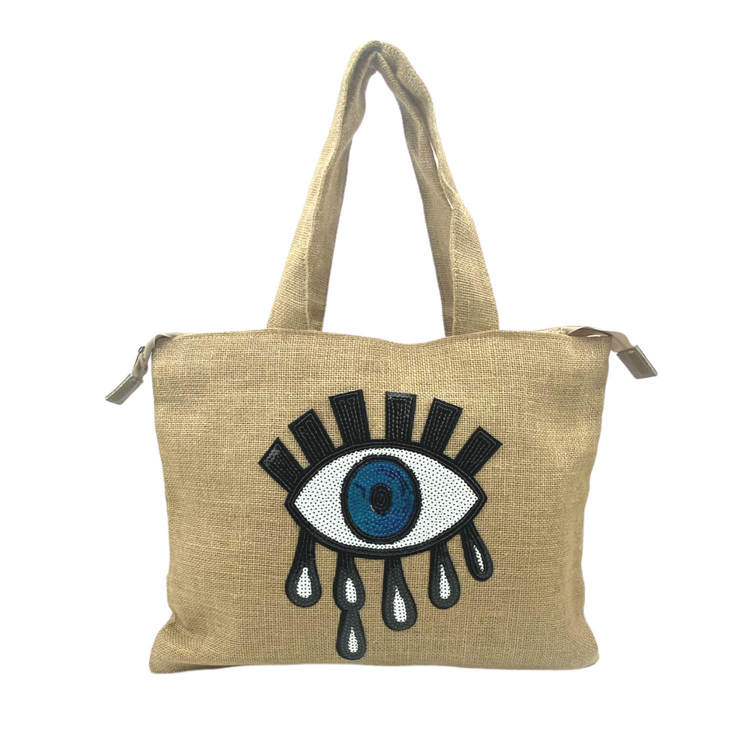 Evil Eye Tote Bag for Women - Stylish Jute Beach Bag with Zipper & Handles, Waterproof & Durable (Natural) - Perfect for Beach, Shopping & Travel Accessories