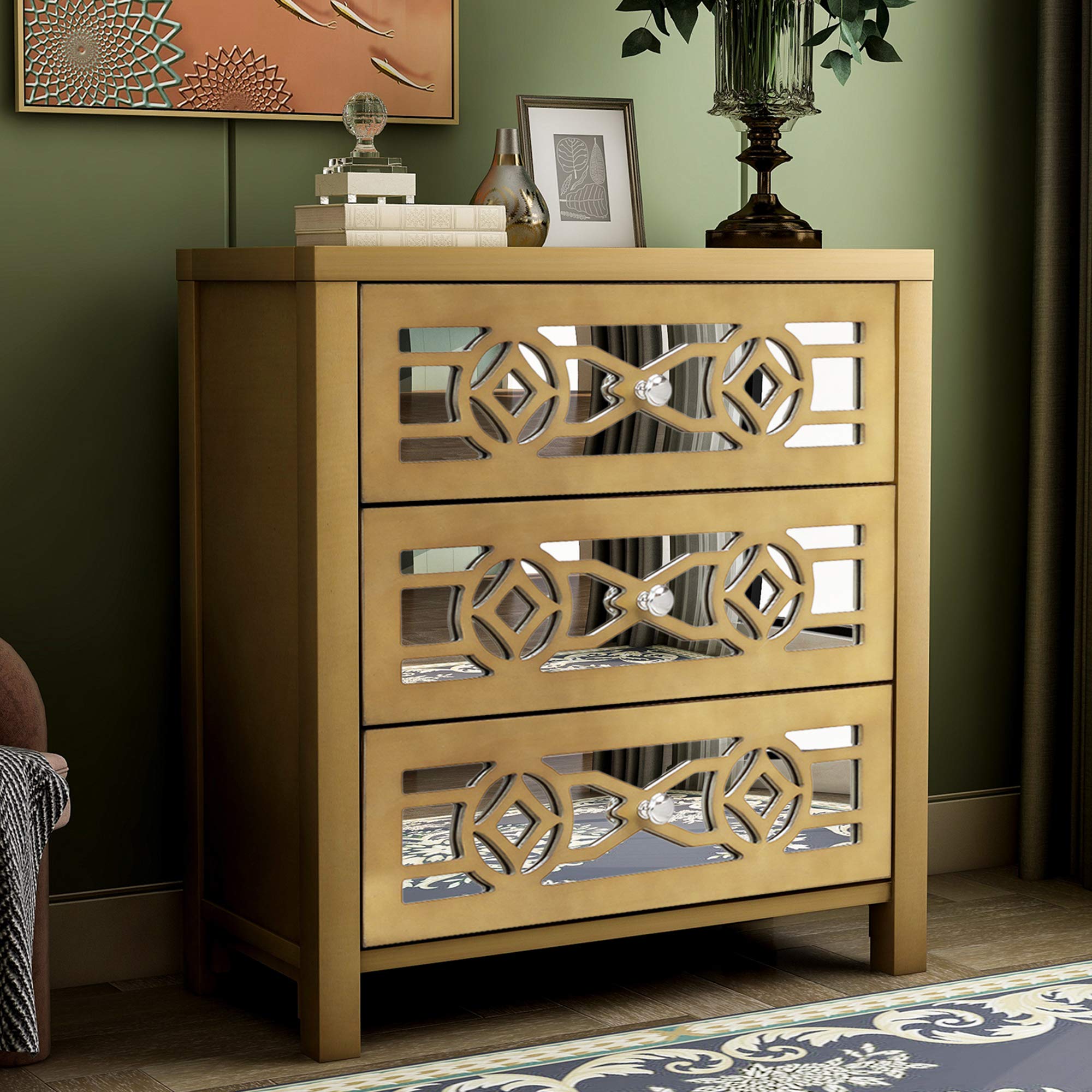 Vintage Nightstand with 3 Drawers & Decorative Mirror - Retro Gold Wooden Bedside Table for Bedroom Storage | Perfect for Small Spaces, Guest Rooms & Apartment Living