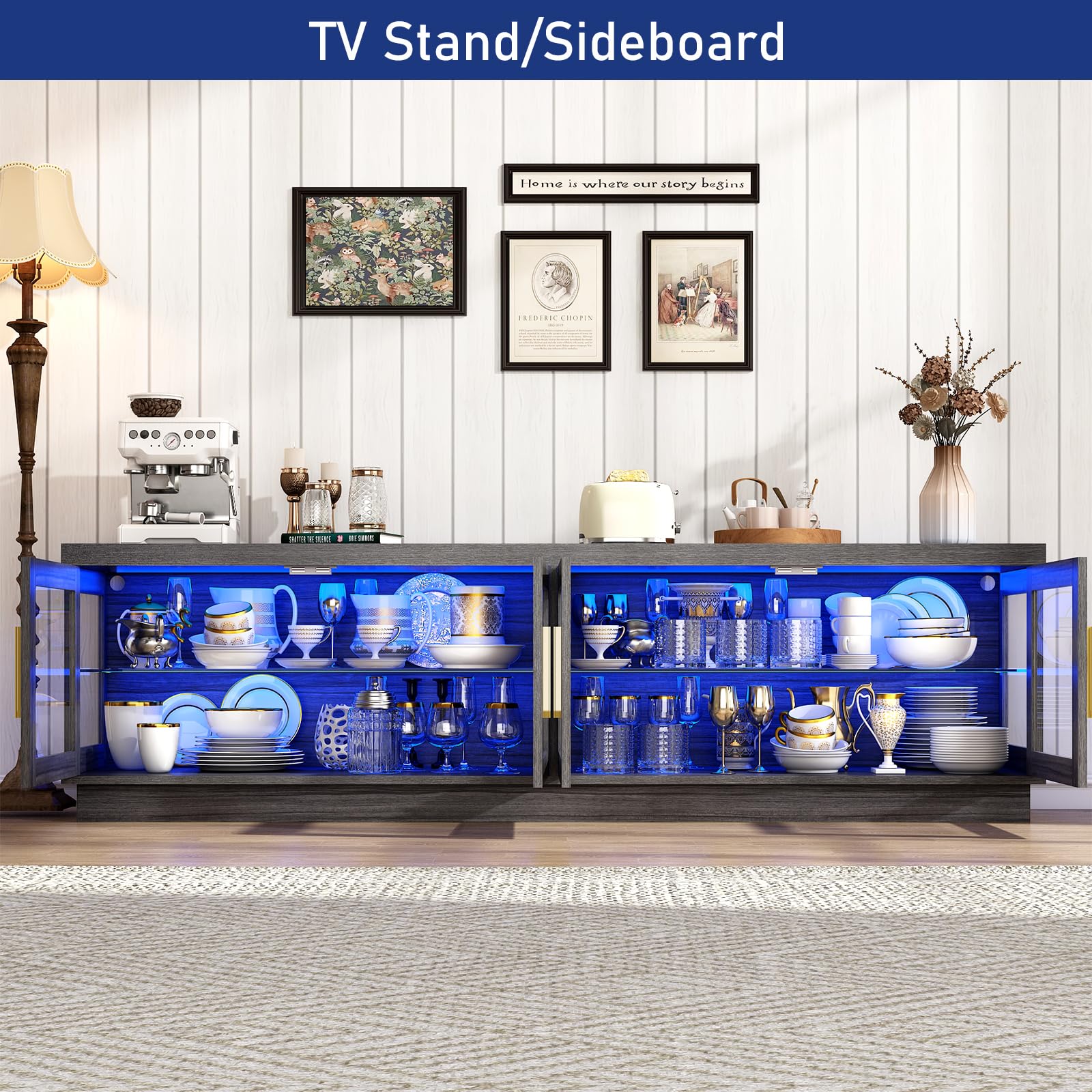 71IN Rustic Wood TV Stand for 85/80/75 Inch TVs - Farmhouse Style Entertainment Center with Storage Cabinet & Glass Doors - Perfect for Living Room, Home Theater & Media Room Setup