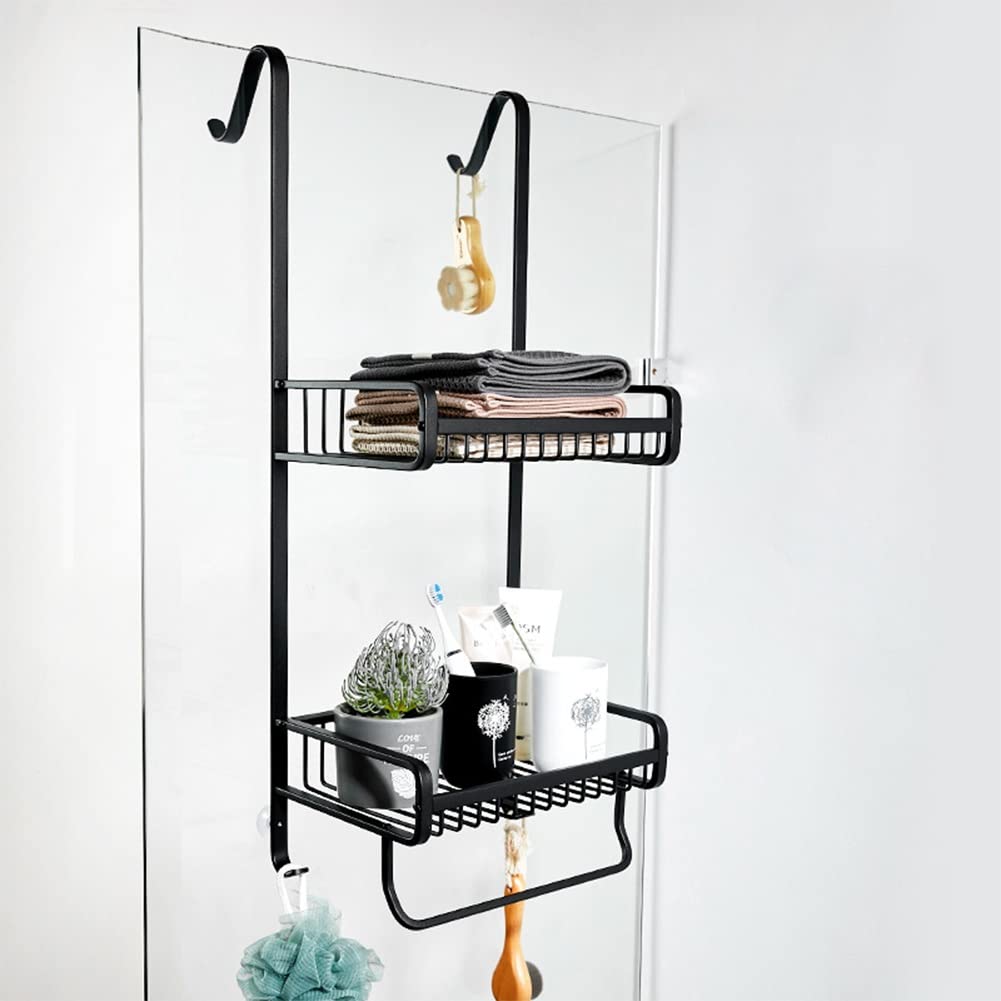 Over The Door Hanging Organizer - Heavy Duty Spice Rack Shelf with Hooks & Towel Bar for Bathroom, Kitchen, Pantry - Space Saving Storage Solution (Black, 2 Baskets, 30cm) - Perfect for Small Spaces, Apartments & Dorm Rooms