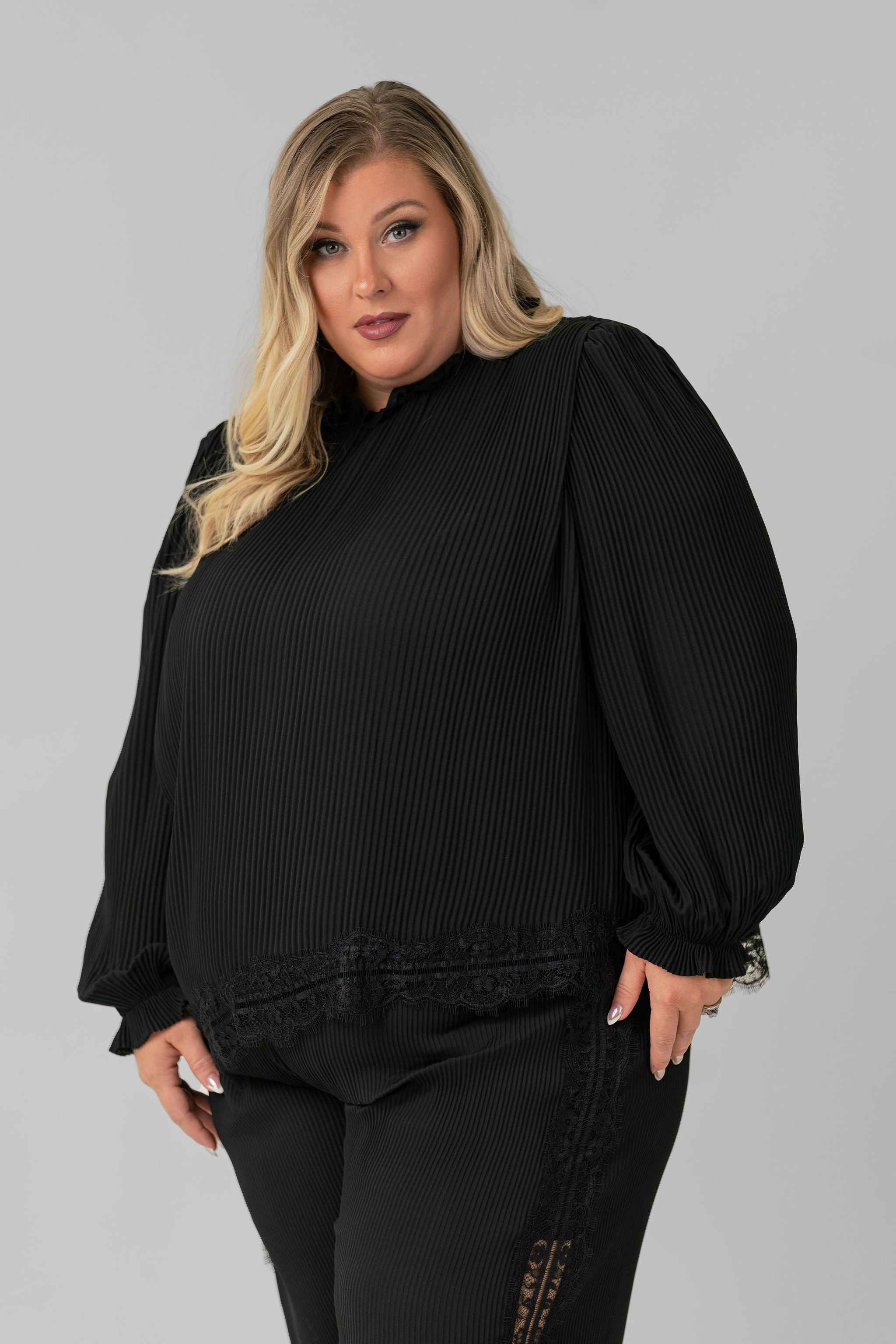 Elegant Pleated Lace Trim Blouse for Women - Stylish Floral Embroidered Tops for Office, Party & Date Night Outfits