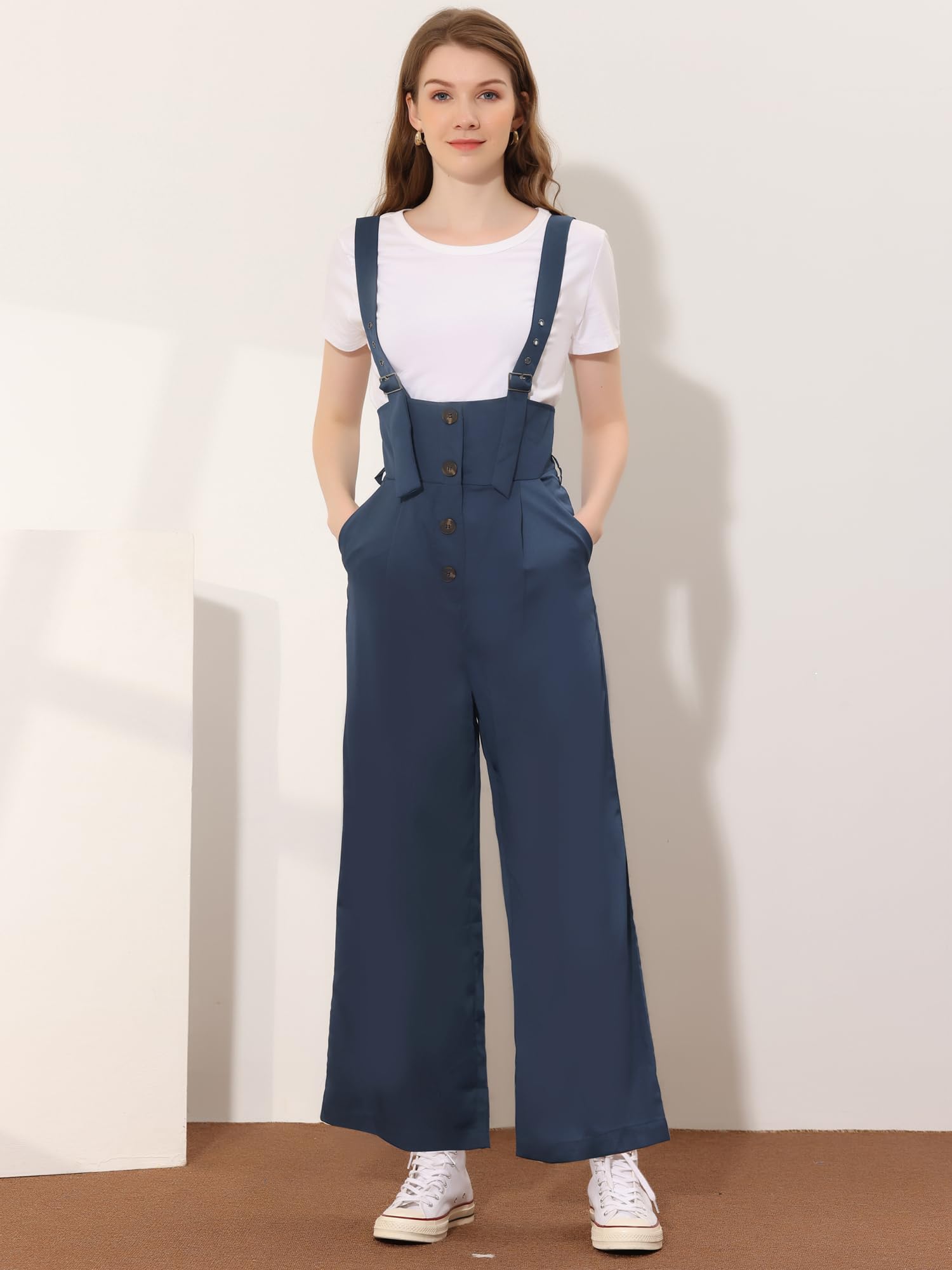 Allegra K Women's High Waist Belted Wide Leg Suspender Pants Overalls Jumpsuit - Stylish Casual Outfit for Work, Date Night & Everyday Wear