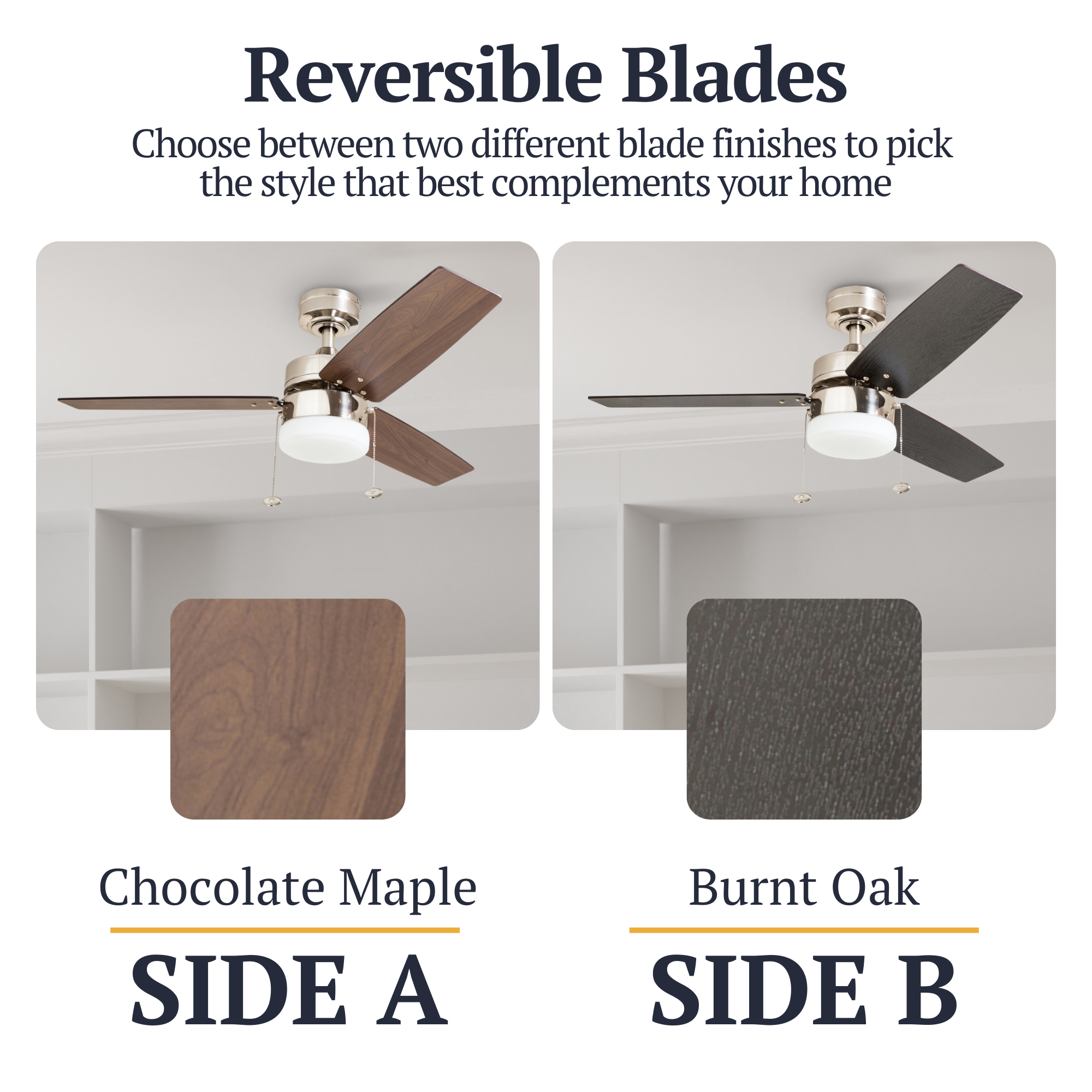 42 Inch Reston Brushed Nickel Ceiling Fan with Pull Chain - Energy Efficient Indoor Cooling for Living Room, Bedroom, and Office