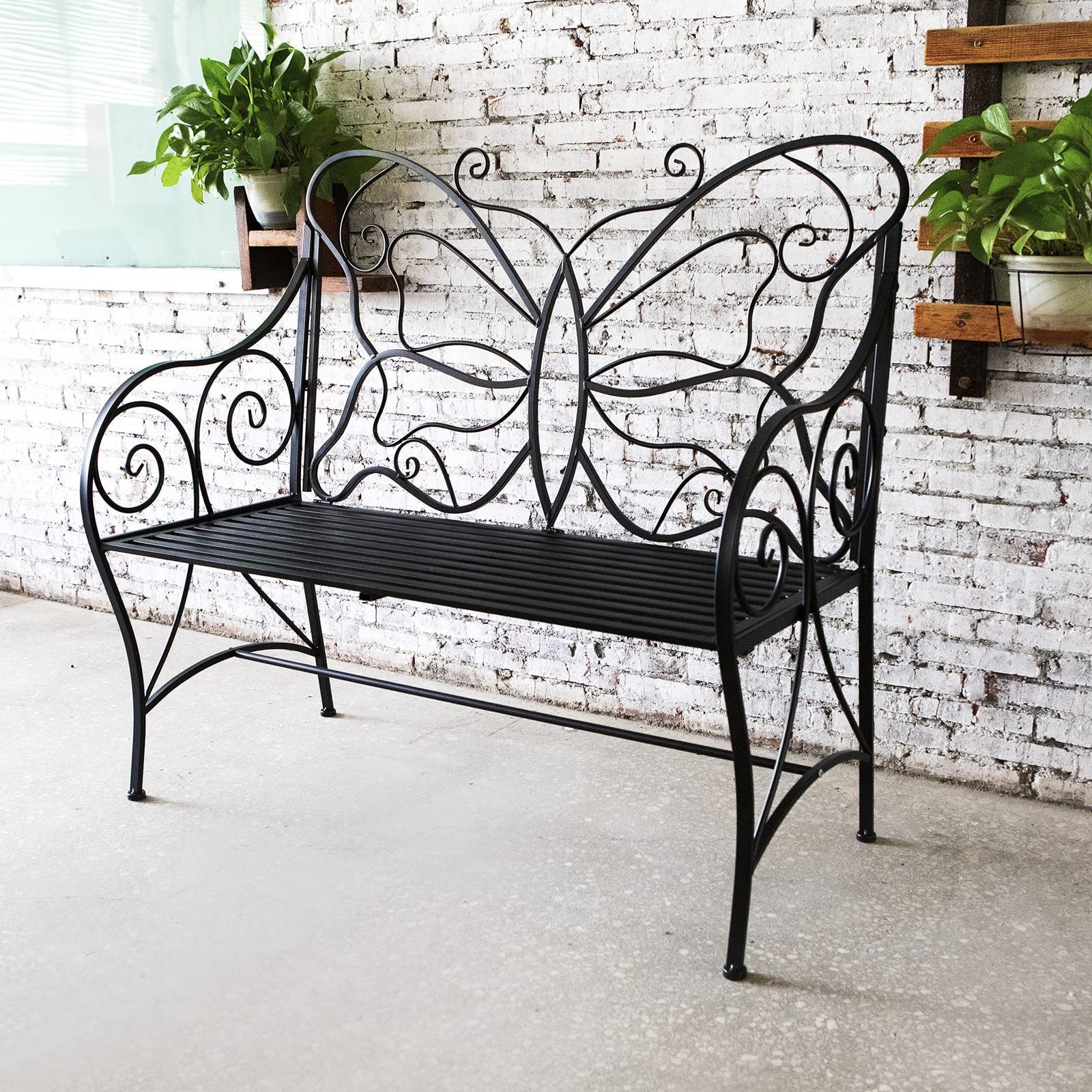 **HLC Outdoor Bench - Cast Iron Metal Garden Bench with Armrests, Double Seats in Black - Perfect for Patio, Garden, Park, Yard, Porch & Lawn Decor**