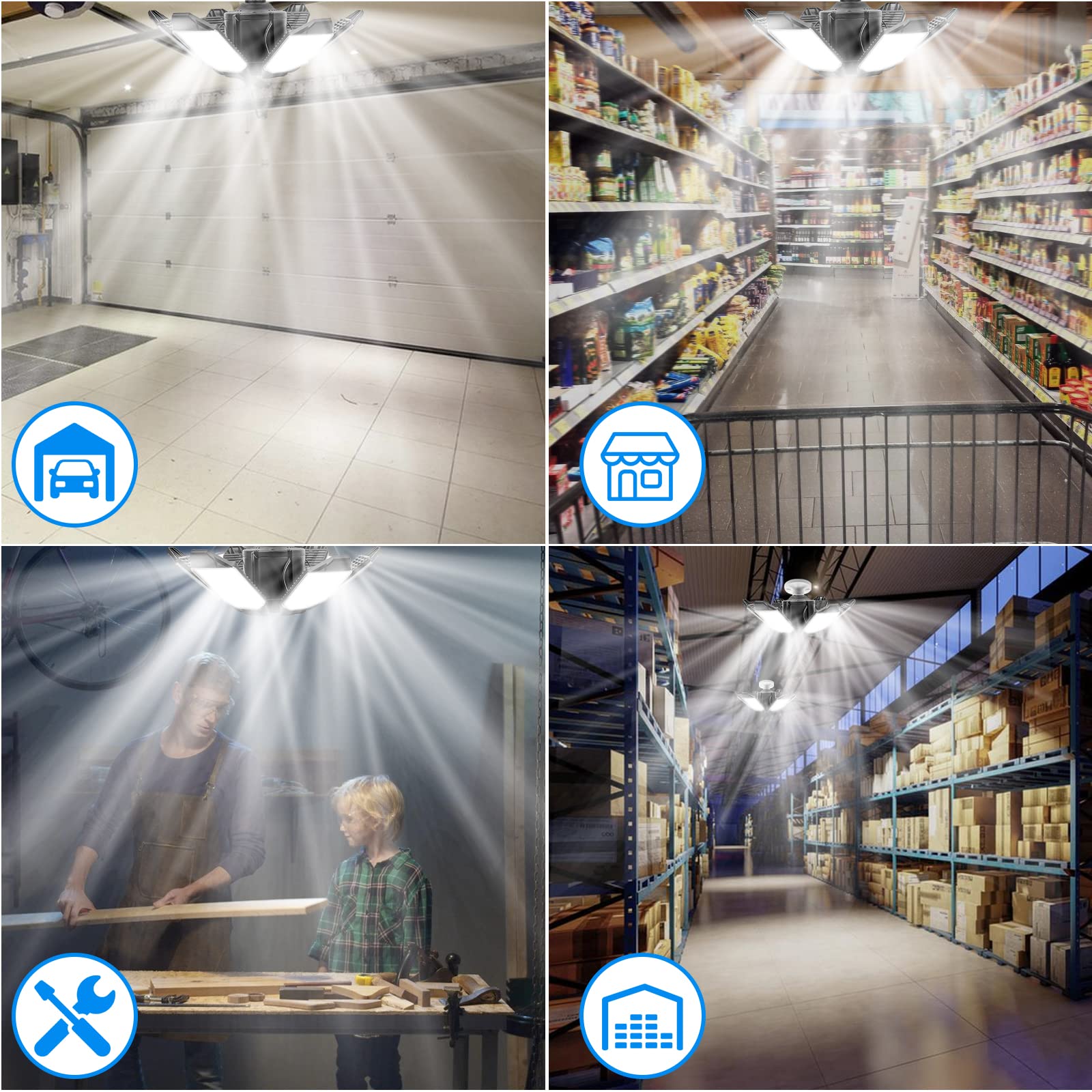 Ayybf LED Garage Lights - 20000LM 6500K Ultra Bright LED Shop Light with 6+1 Adjustable Panels, E26/E27 Base for Garage, Warehouse, Basement, Workshop - Energy Saving Ceiling Lighting (2 Pack) - Perfect for DIY Projects, Auto Repair & Industrial Workspaces